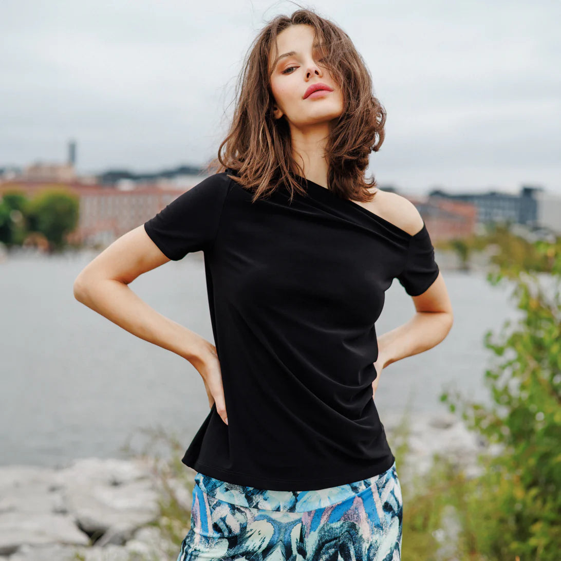 Angular Drape Neck Off Shoulder Top - Black