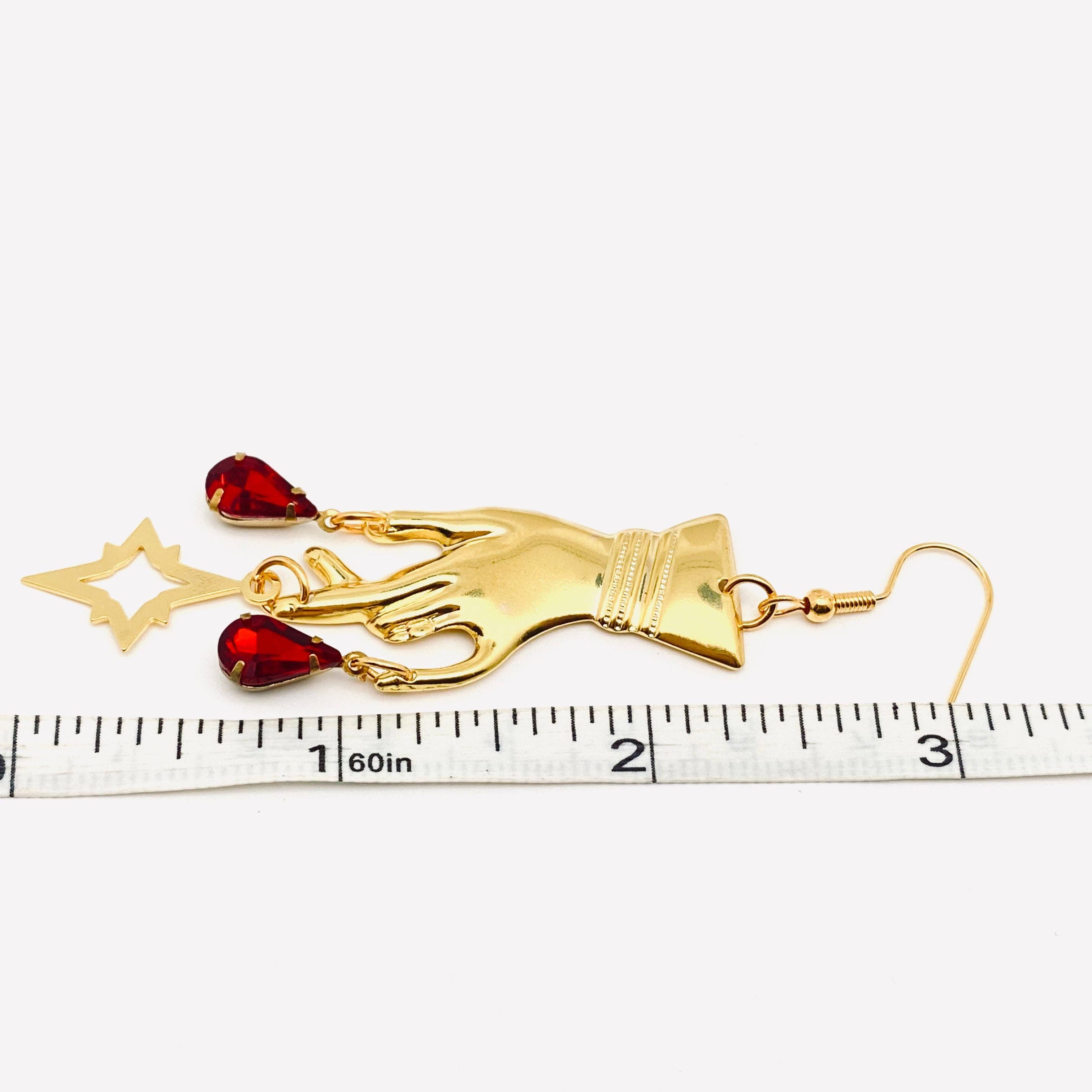 Golden Hand Red Rhinestone Pendant Earrings