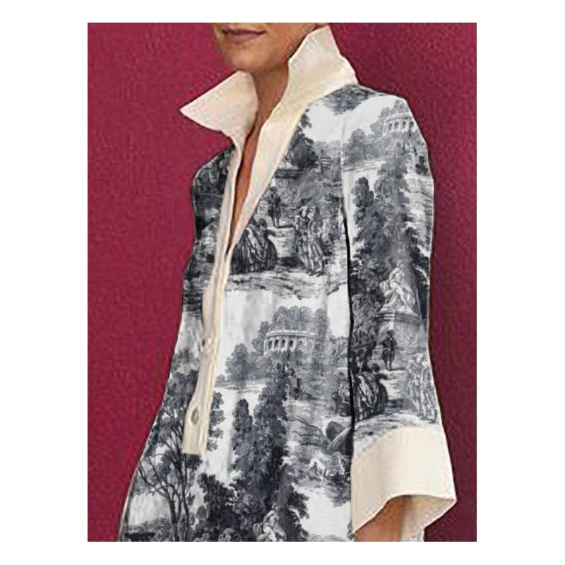 Black & White Toile Print Mini Shirt Dress — Lapel Collar, Long Sleeve, Deep V