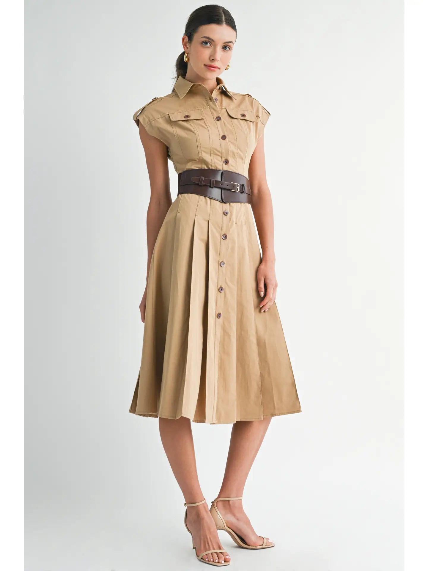 Utilitarian Belted Button-Down Shirt Dress