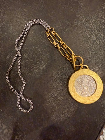 Antique Silver Coin Medallion Necklace with Gold Frame