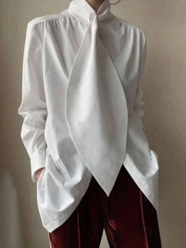 White Oversized Tuxedo Blouse — High Neck, Long Sleeve