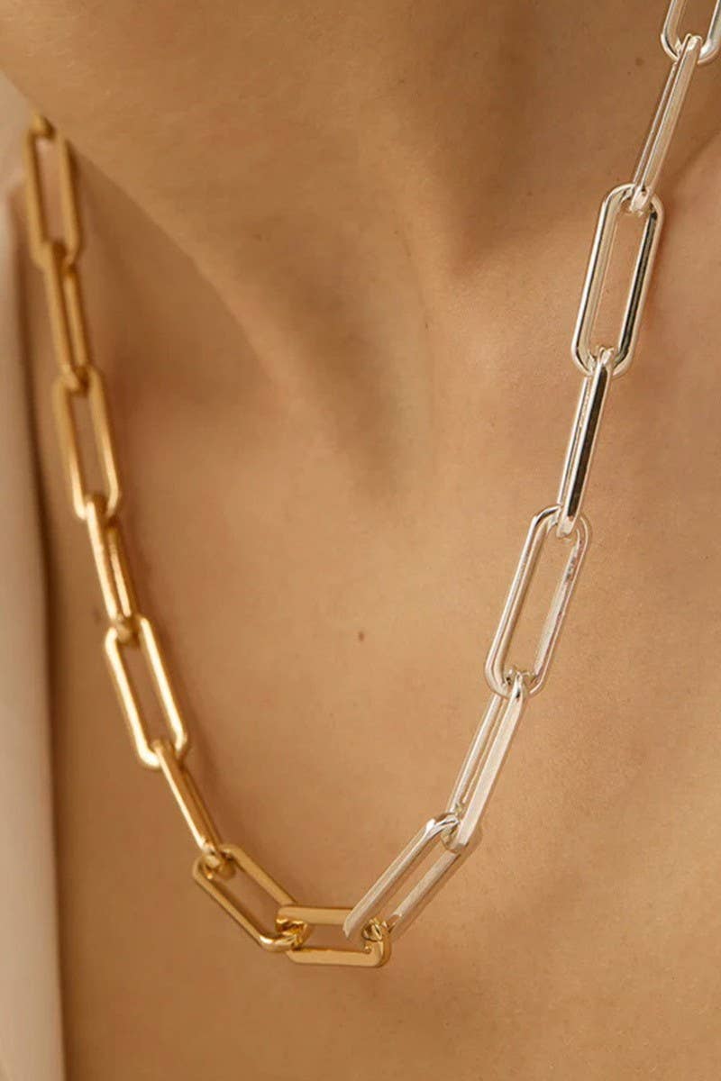 Two Tone Silver & Gold Paperclip Chain Necklace