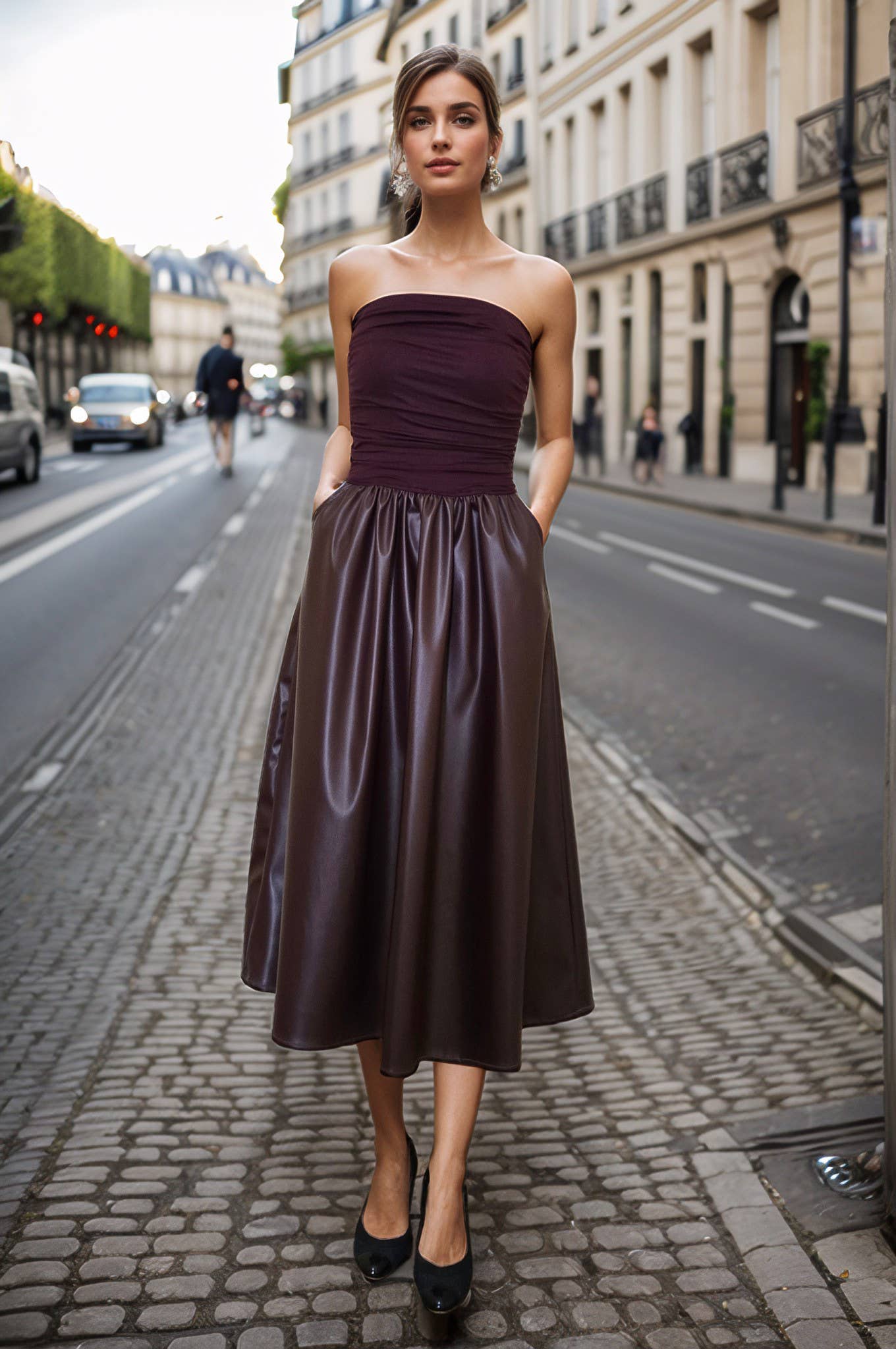 DARK WINE VEGAN LEATHER MIDI TUBE DRESS