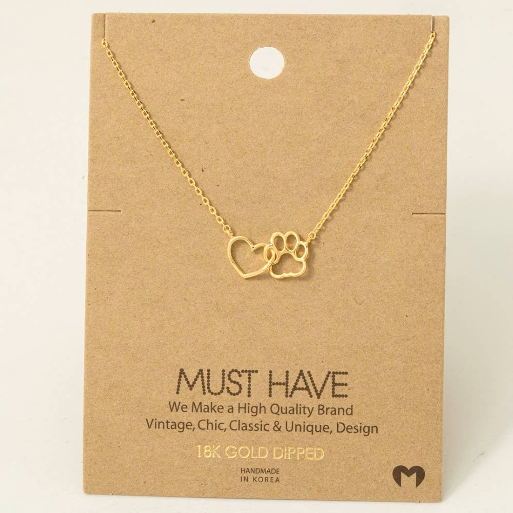 Dog Mom Gold Dipped Dog Paw Heart Cutout Pendant Necklace