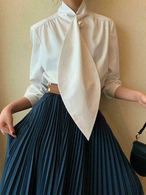 White Oversized Tuxedo Blouse — High Neck, Long Sleeve