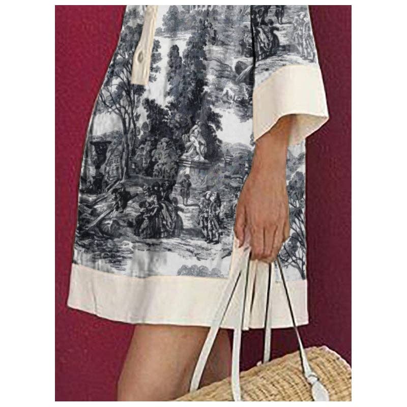 Black & White Toile Print Mini Shirt Dress — Lapel Collar, Long Sleeve, Deep V