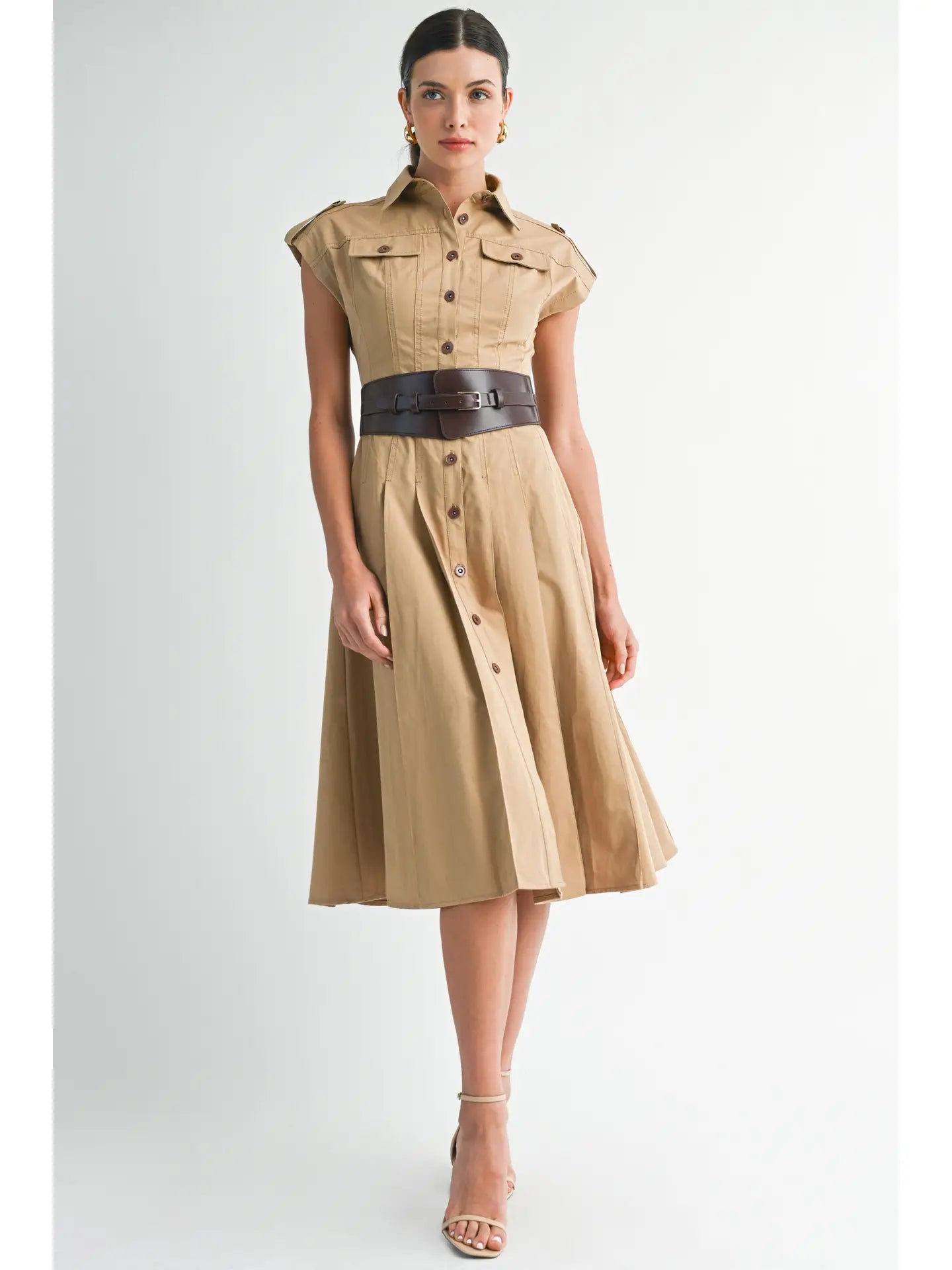 Utilitarian Belted Button-Down Shirt Dress
