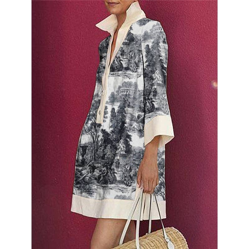 Black & White Toile Print Mini Shirt Dress — Lapel Collar, Long Sleeve, Deep V