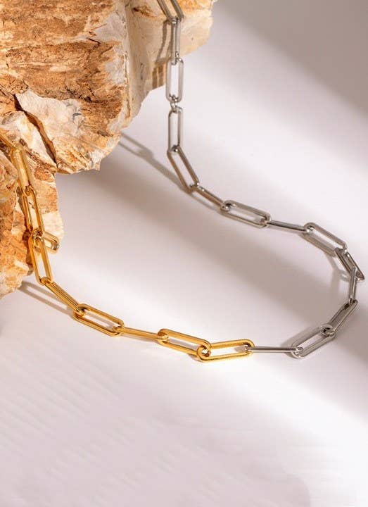 Two Tone Silver & Gold Paperclip Chain Necklace