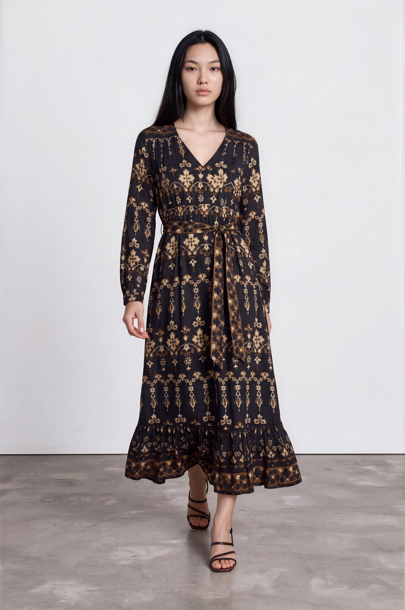 Black & Gold Batik Print Cotton Maxi Dress