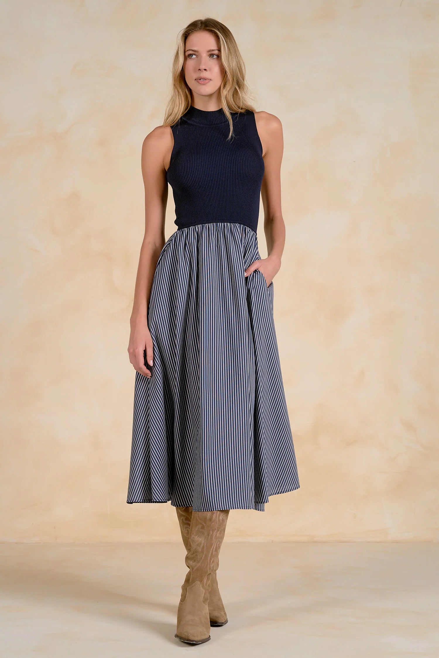 Navy Rib Knit & Stripe Midi Dress