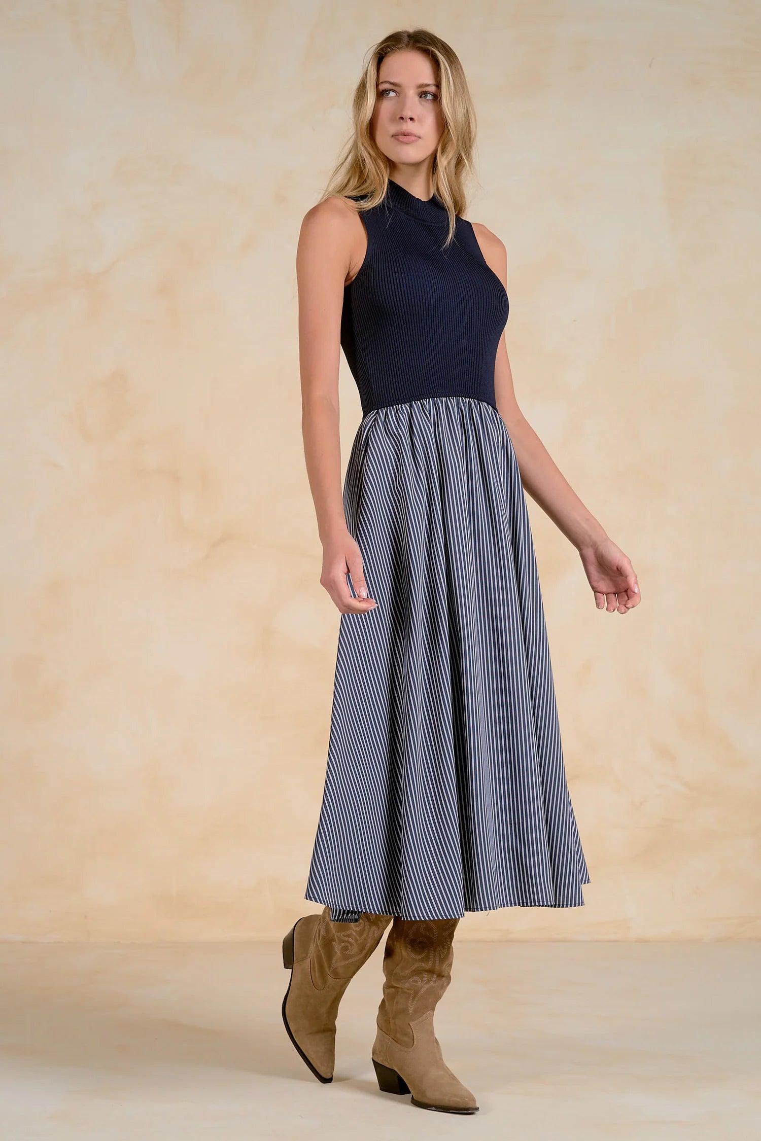 Navy Rib Knit & Stripe Midi Dress