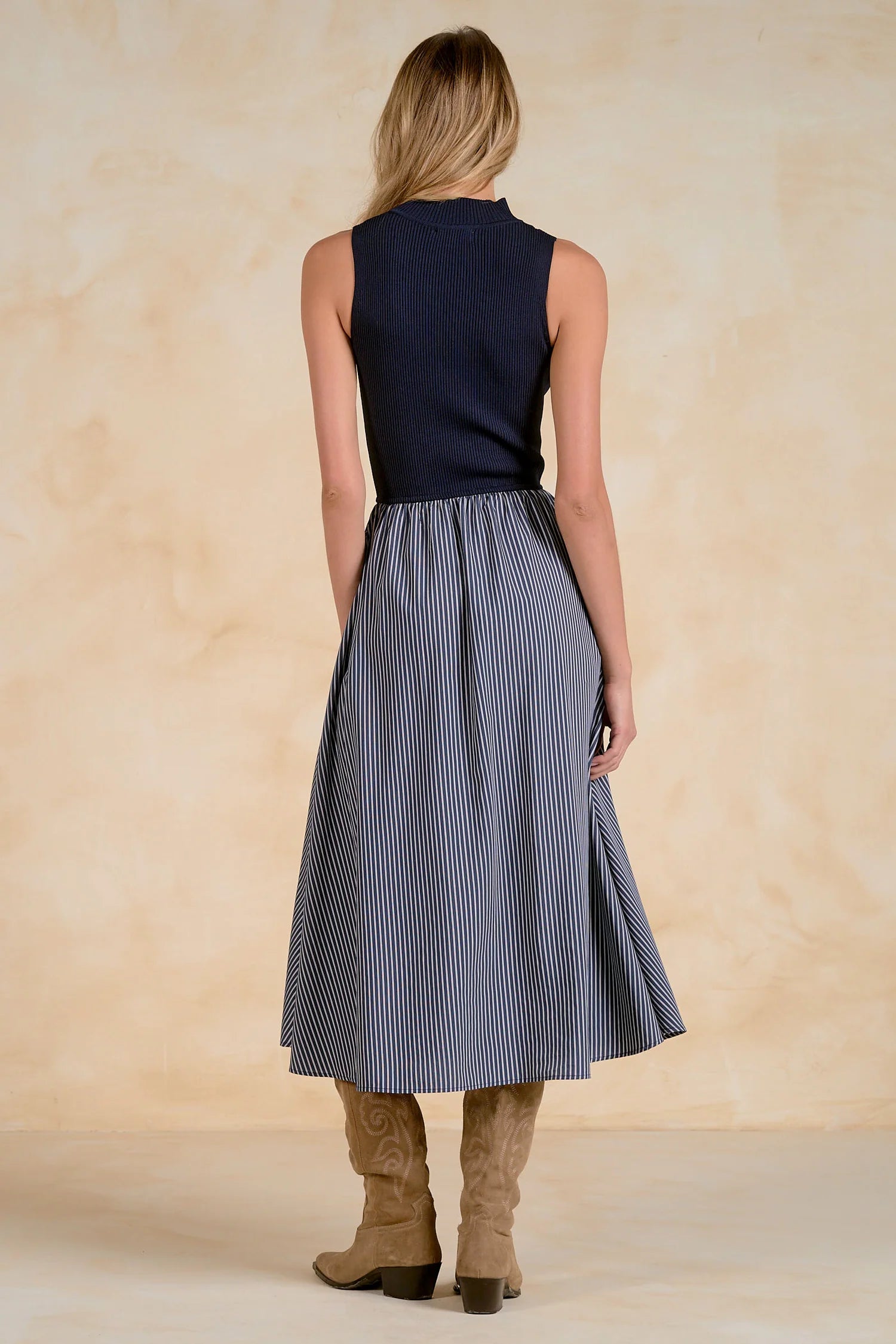 Navy Rib Knit & Stripe Midi Dress
