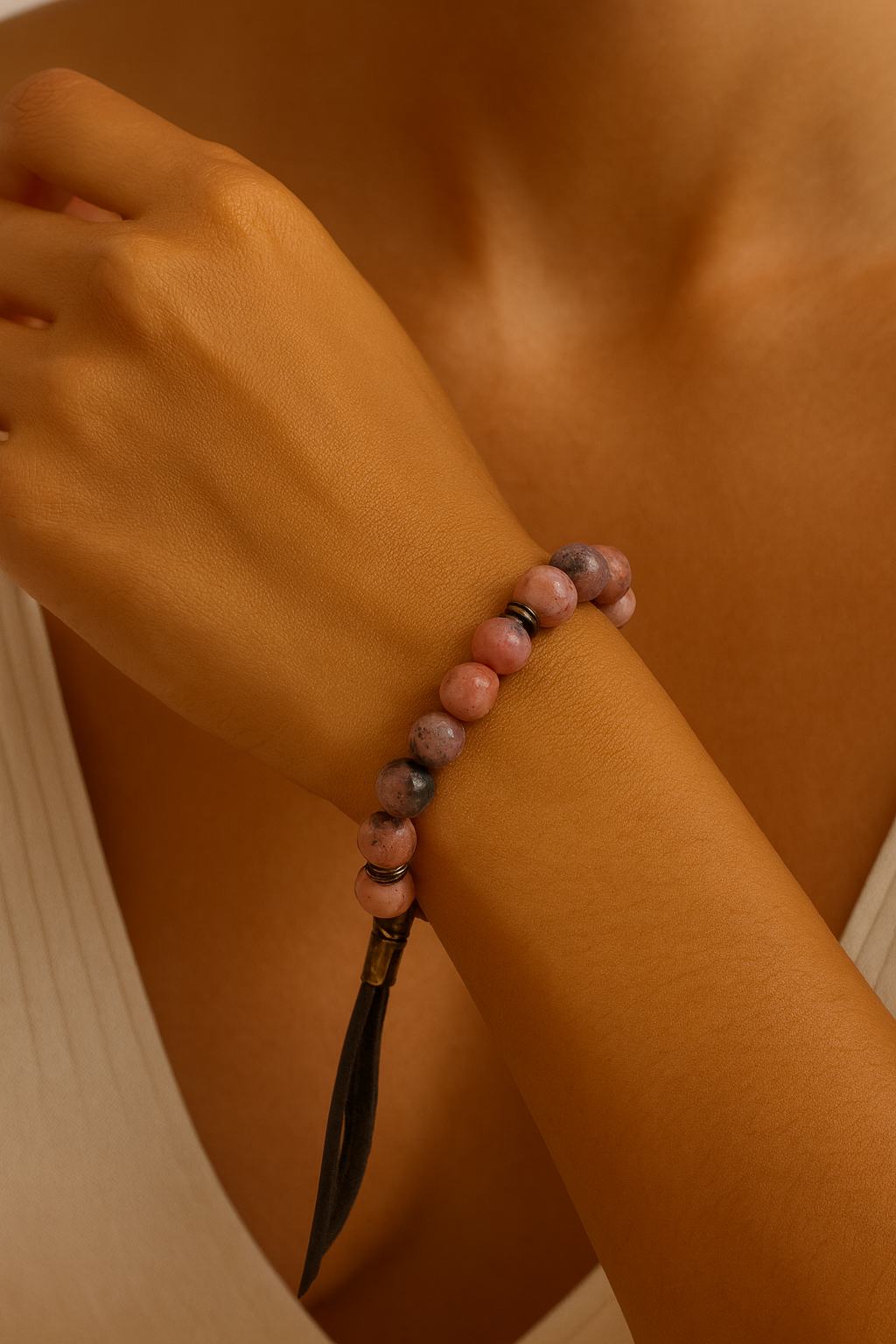 Handcrafted Pink Rhodonite & Black Stone Bracelet – Boho Chic Gemstone Jewelry