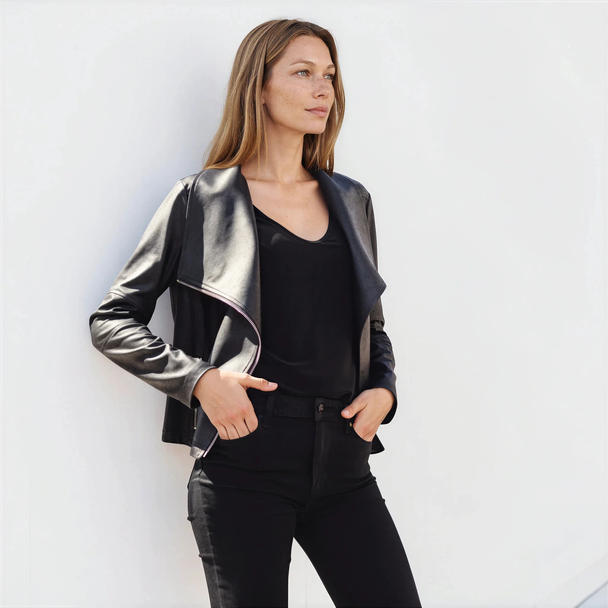 Liquid Leather Drape Neck Zip Jacket - Black