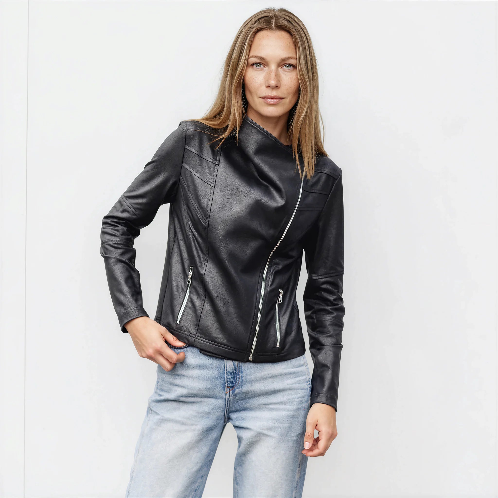 Liquid Leather Drape Neck Zip Jacket - Black
