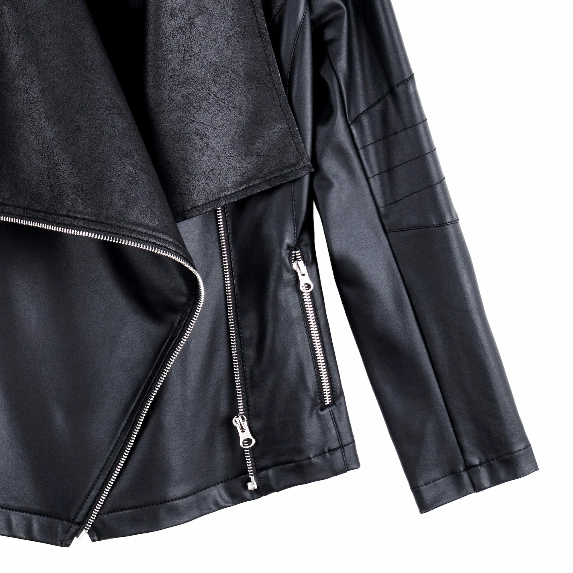 Liquid Leather Drape Neck Zip Jacket - Black