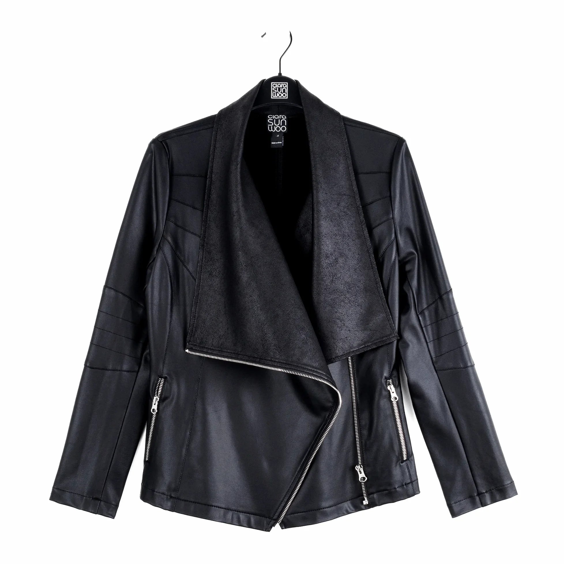 Liquid Leather Drape Neck Zip Jacket - Black