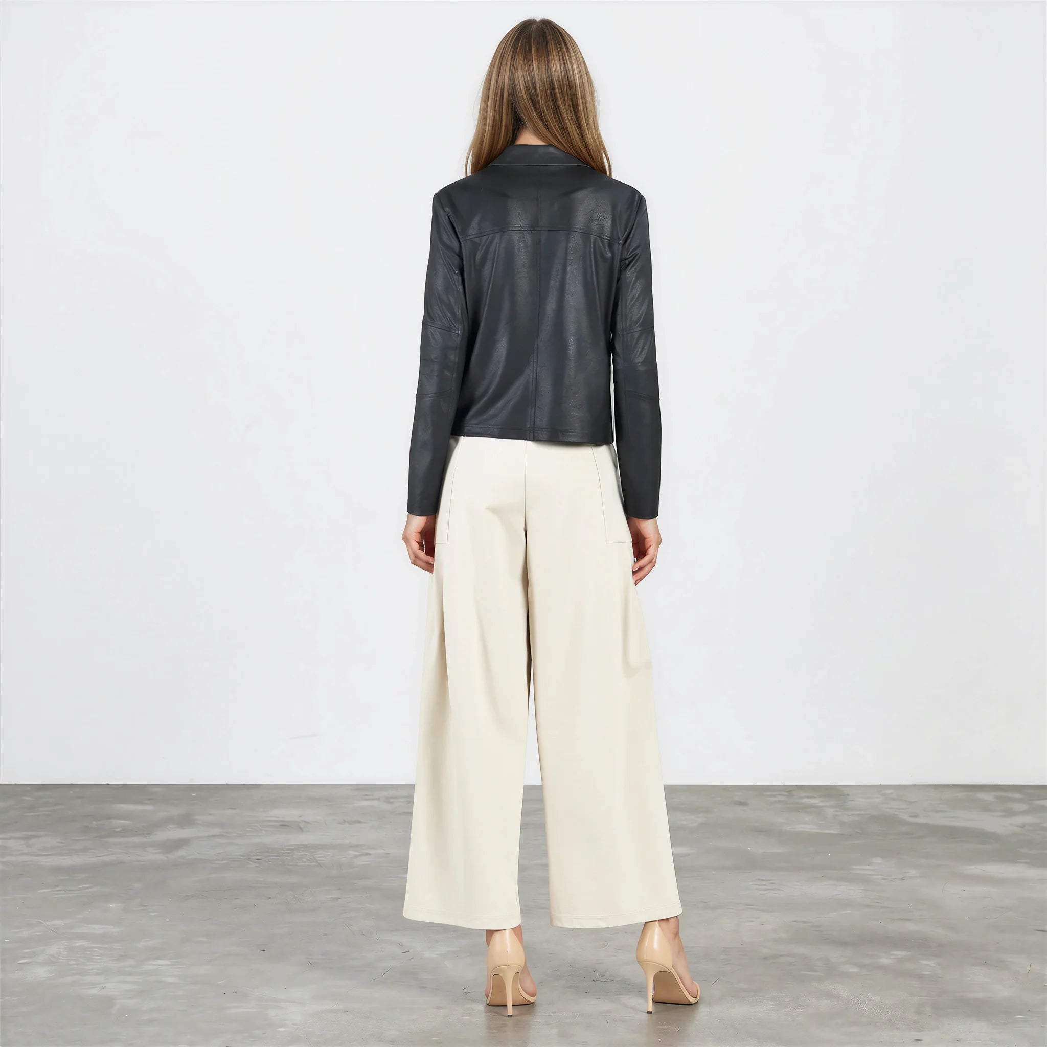 Liquid Leather Drape Neck Zip Jacket - Black
