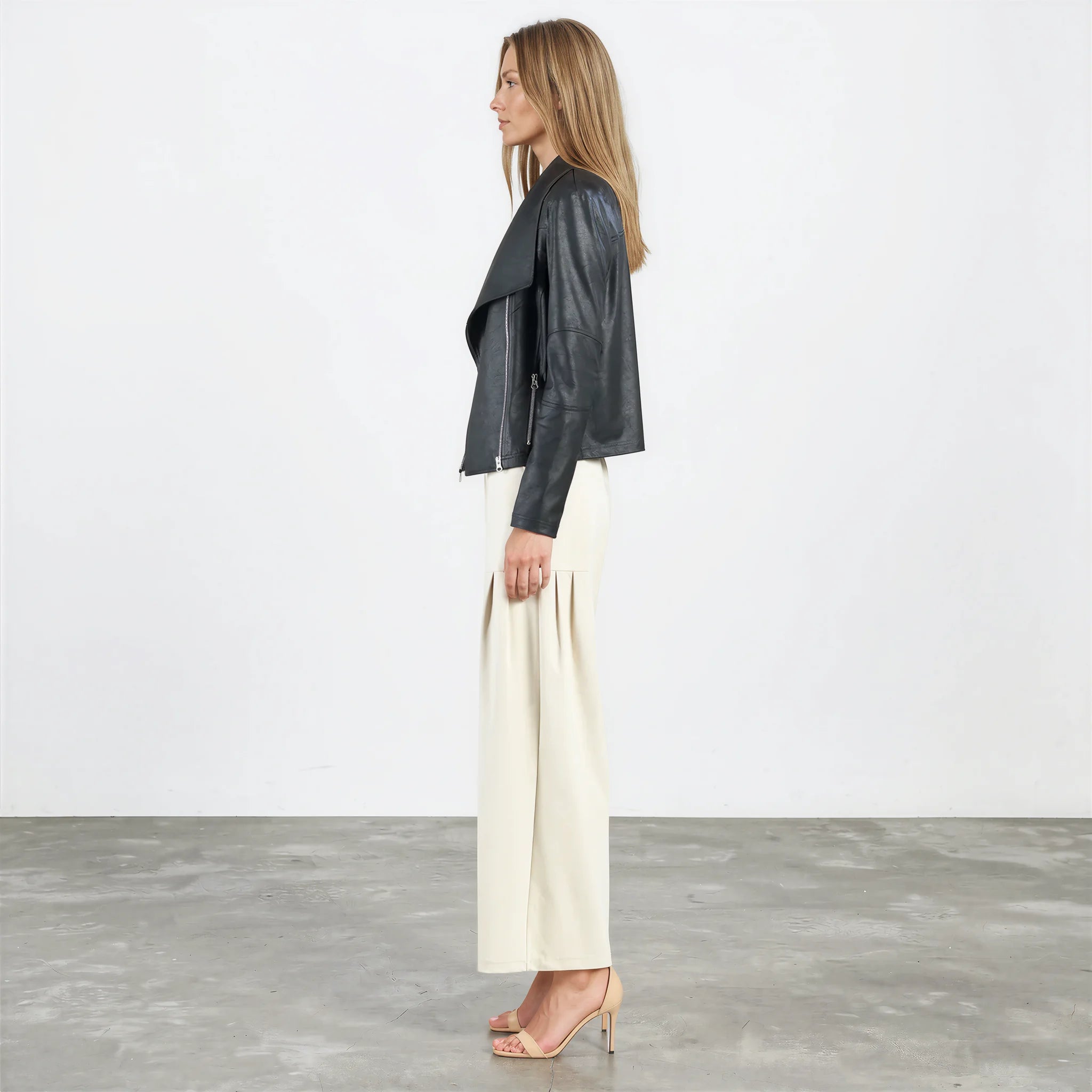 Liquid Leather Drape Neck Zip Jacket - Black
