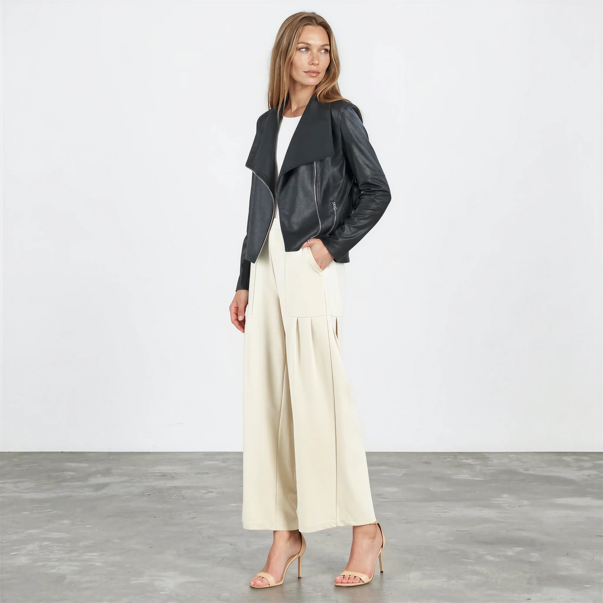 Liquid Leather Drape Neck Zip Jacket - Black