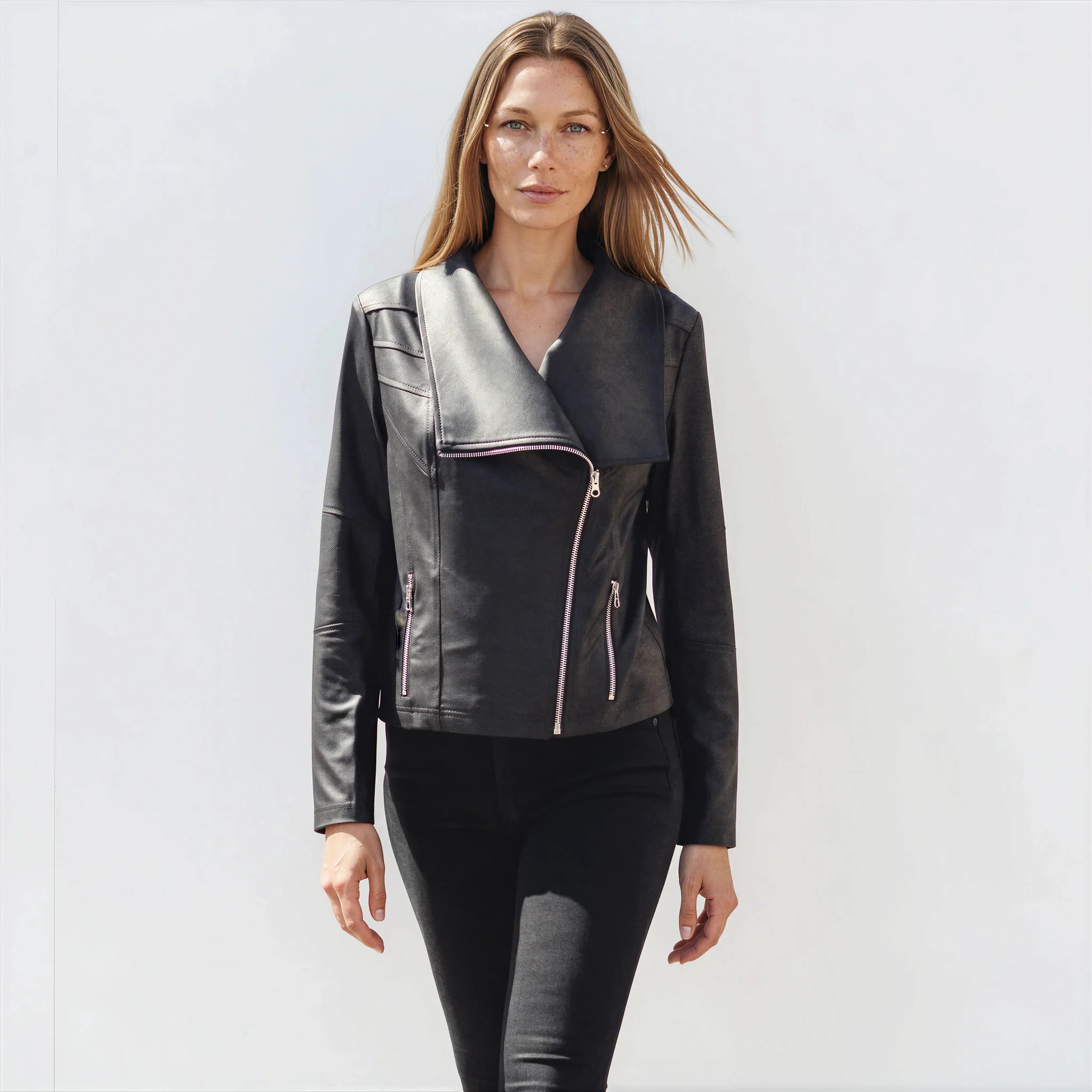 Liquid Leather Drape Neck Zip Jacket - Black