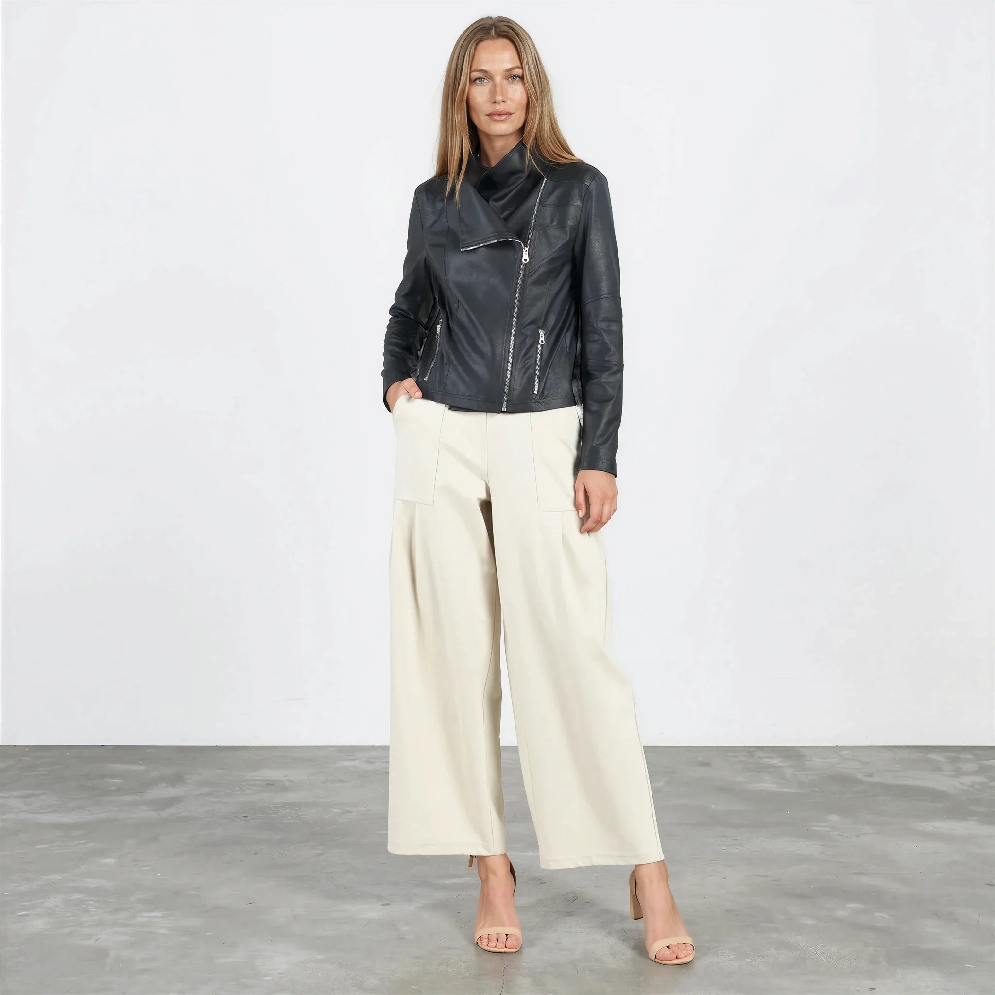 Liquid Leather Drape Neck Zip Jacket - Black