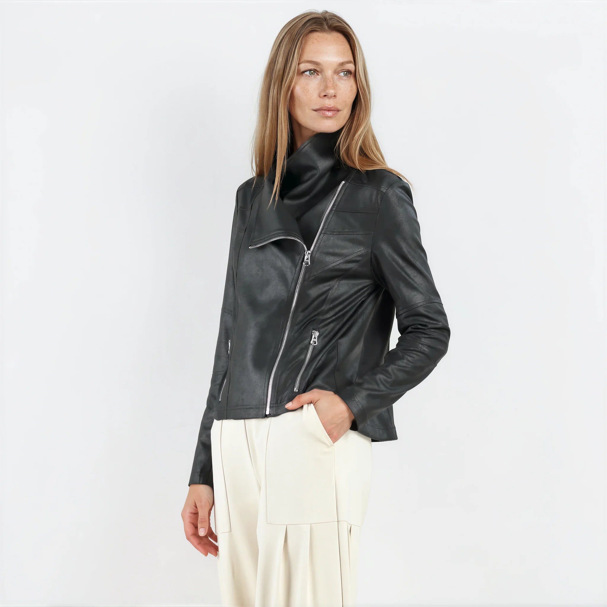 Liquid Leather Drape Neck Zip Jacket - Black