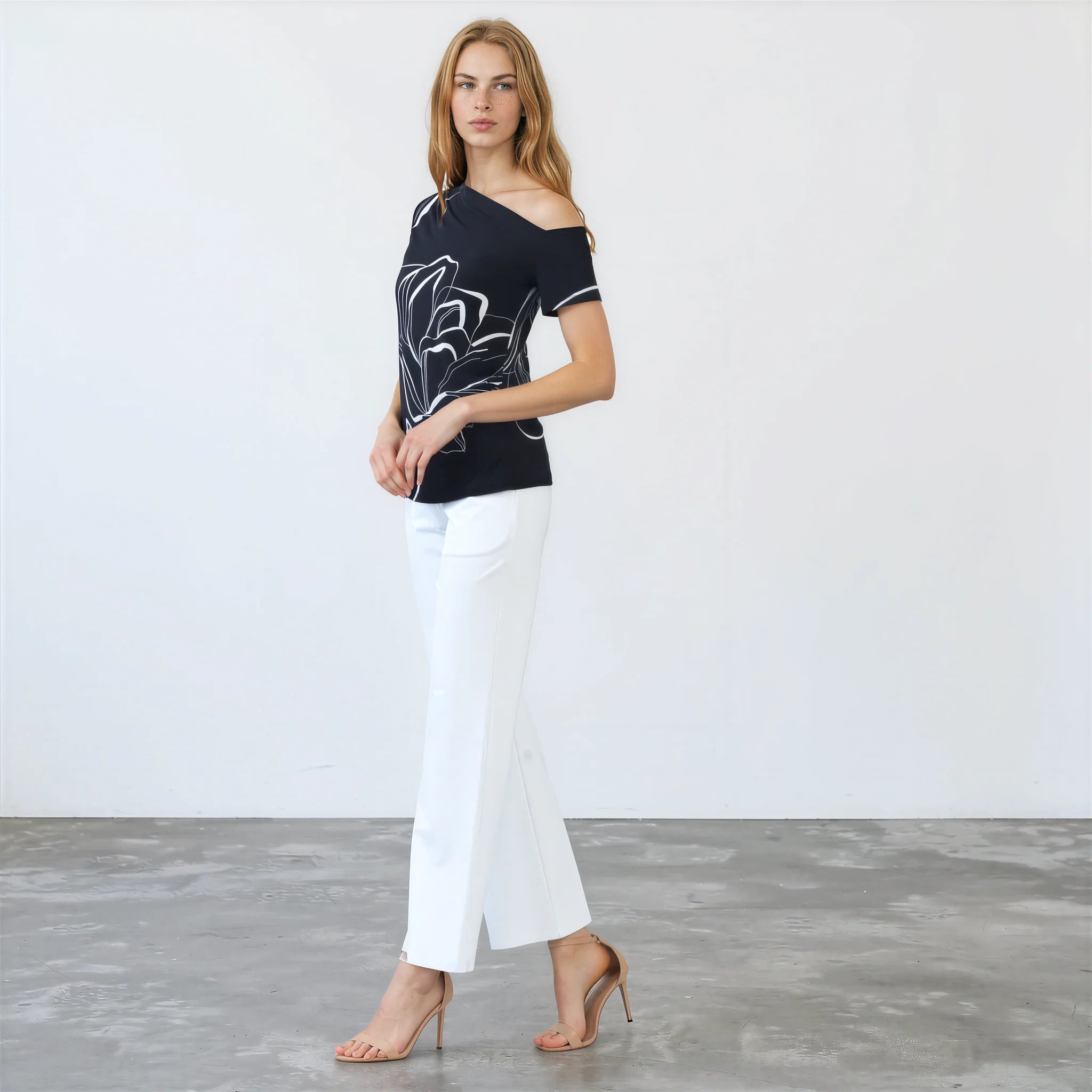 Angular Drape Neck Off-Shoulder Top — Floral Outline