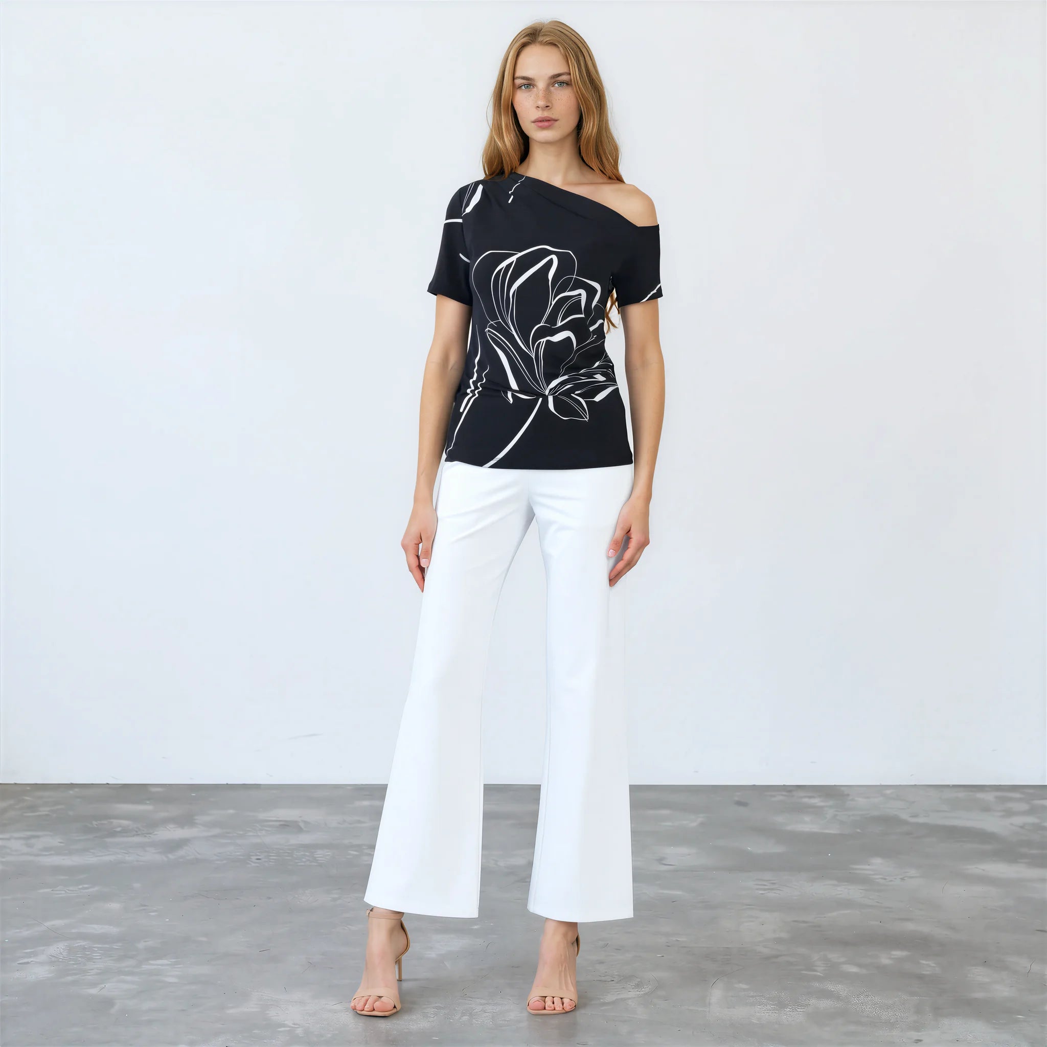 Angular Drape Neck Off-Shoulder Top — Floral Outline