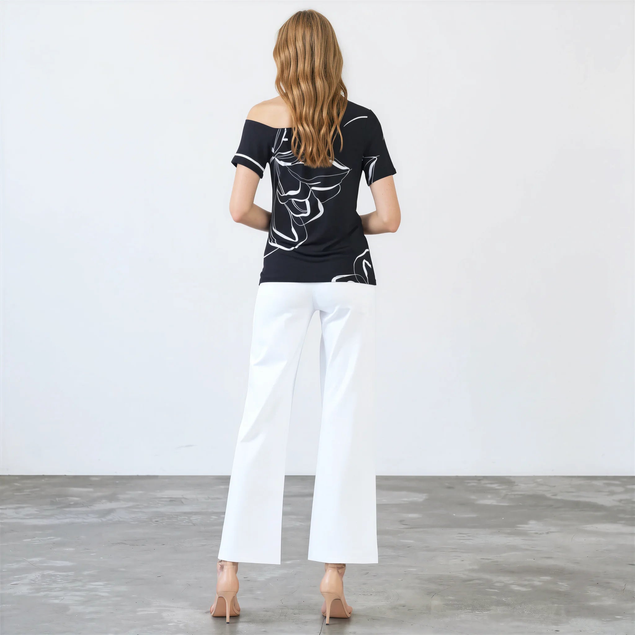 Angular Drape Neck Off-Shoulder Top — Floral Outline