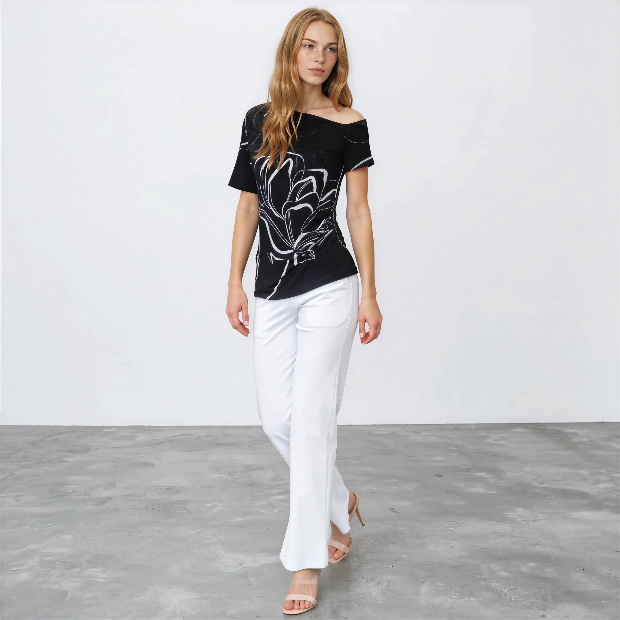 Angular Drape Neck Off-Shoulder Top — Floral Outline