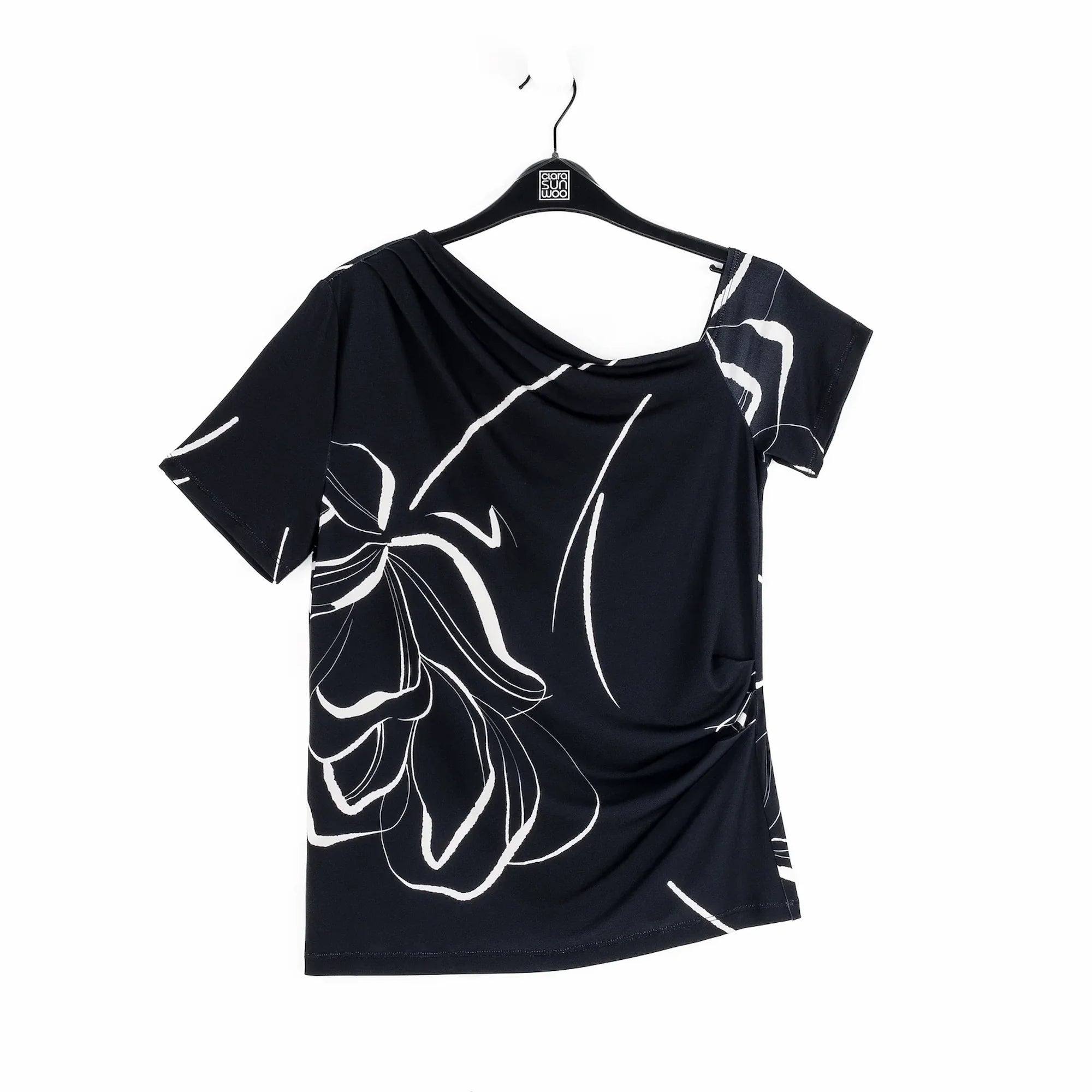 Angular Drape Neck Off-Shoulder Top — Floral Outline