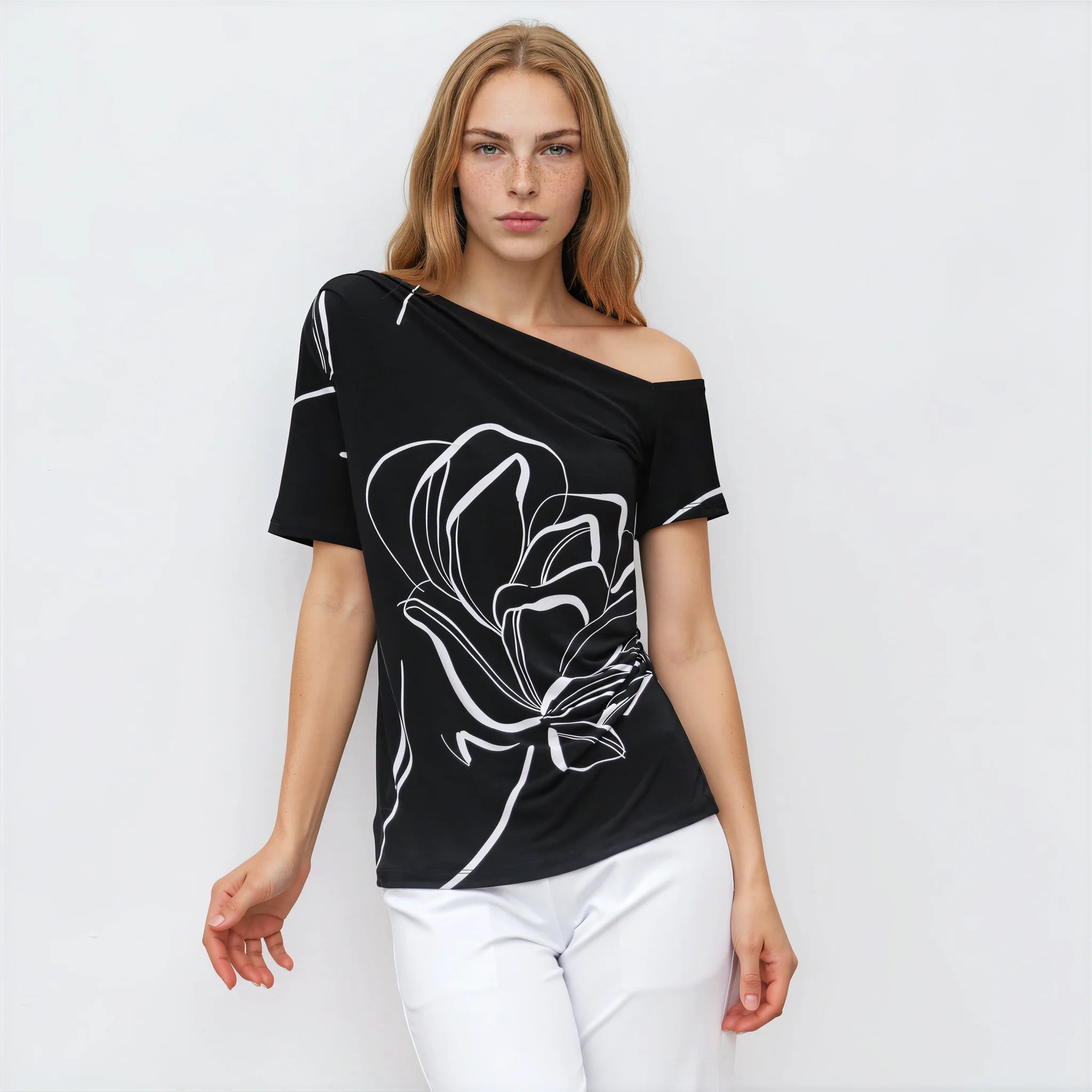Angular Drape Neck Off-Shoulder Top — Floral Outline