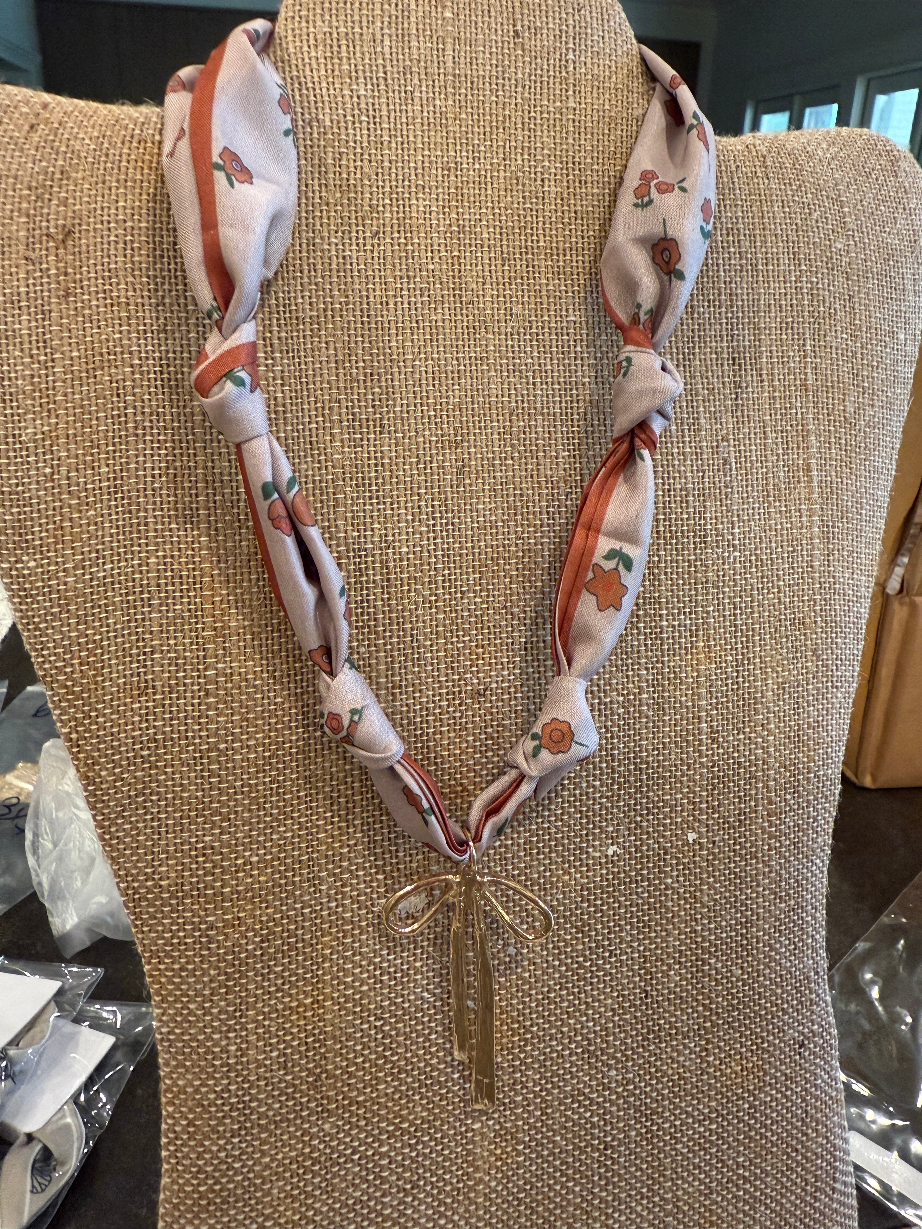Scarf Bow Pendant Necklace-Neutral Floral