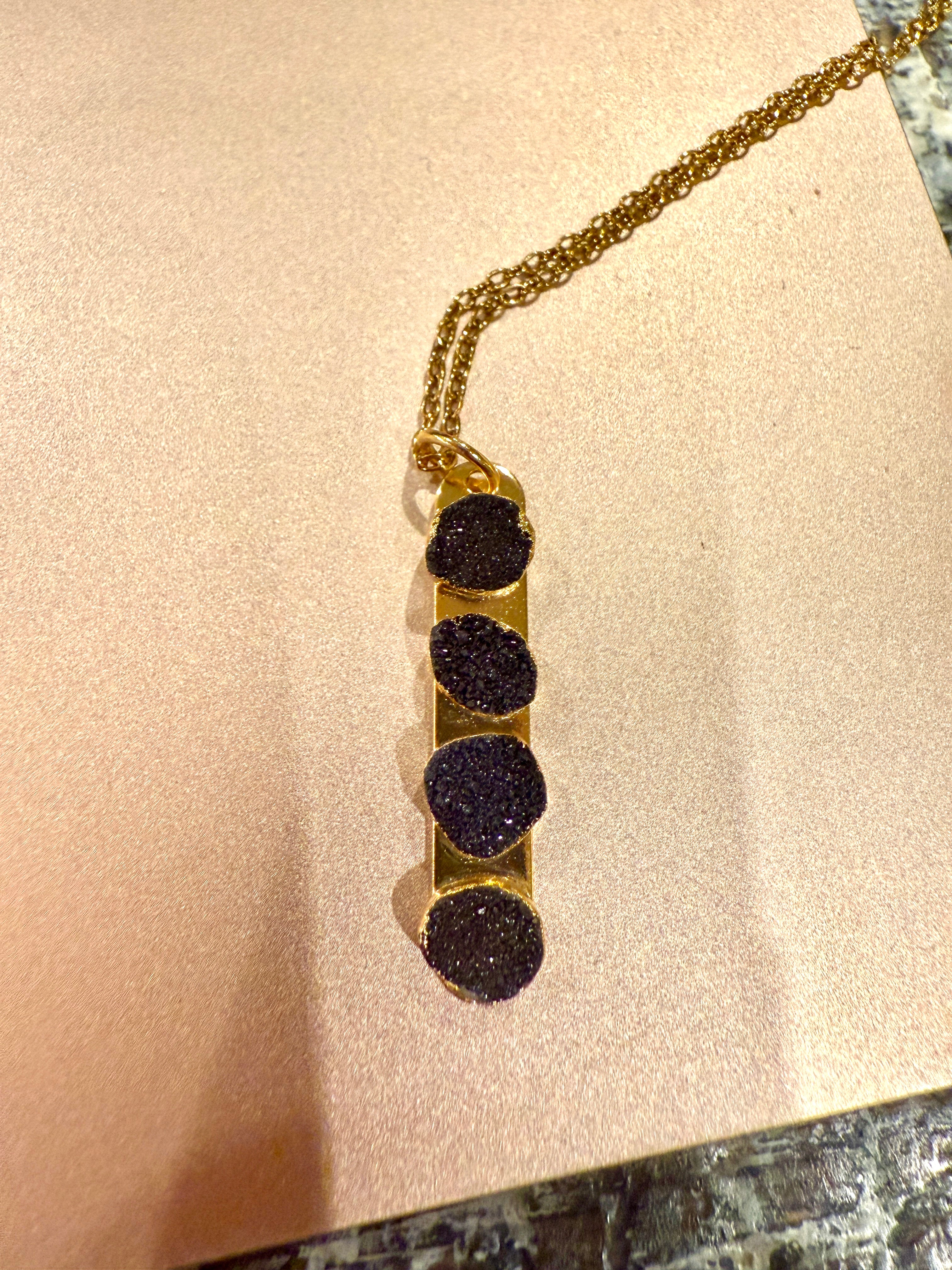 Black Gemstone Vertical Pendant Layering Necklace