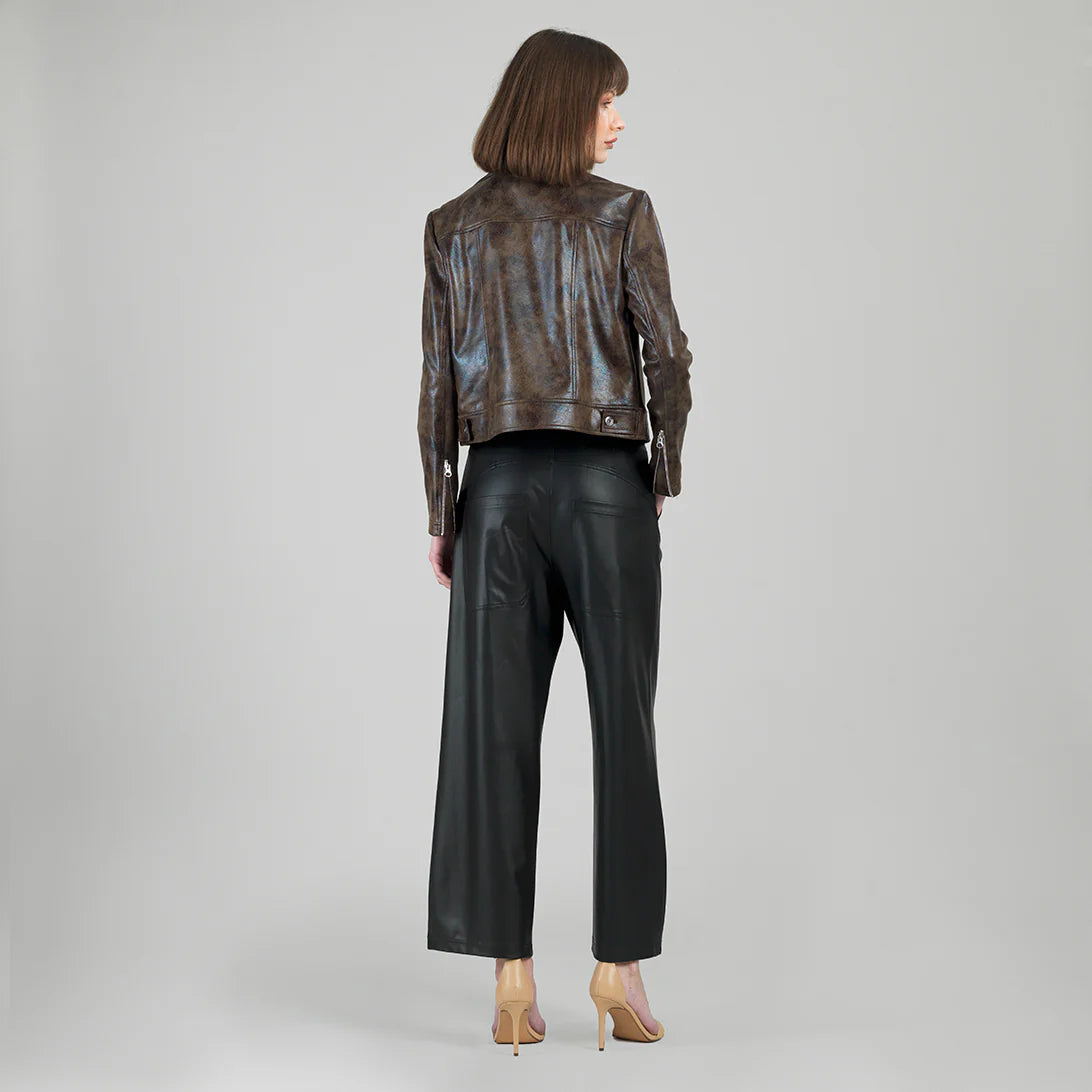 Distressed Brown Liquid Leather™ Zip Cuff Moto Waist Jacket