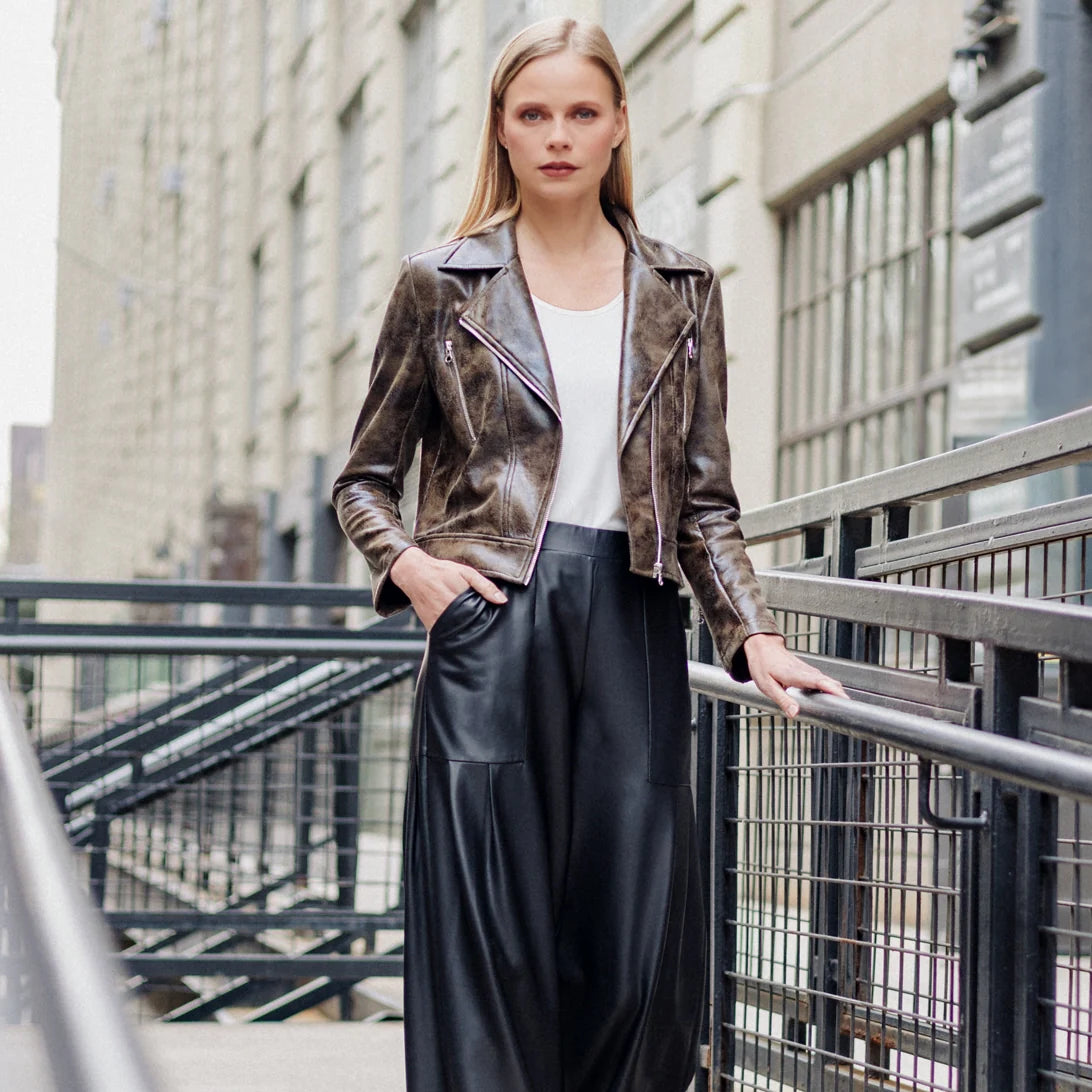 Distressed Brown Liquid Leather™ Zip Cuff Moto Waist Jacket