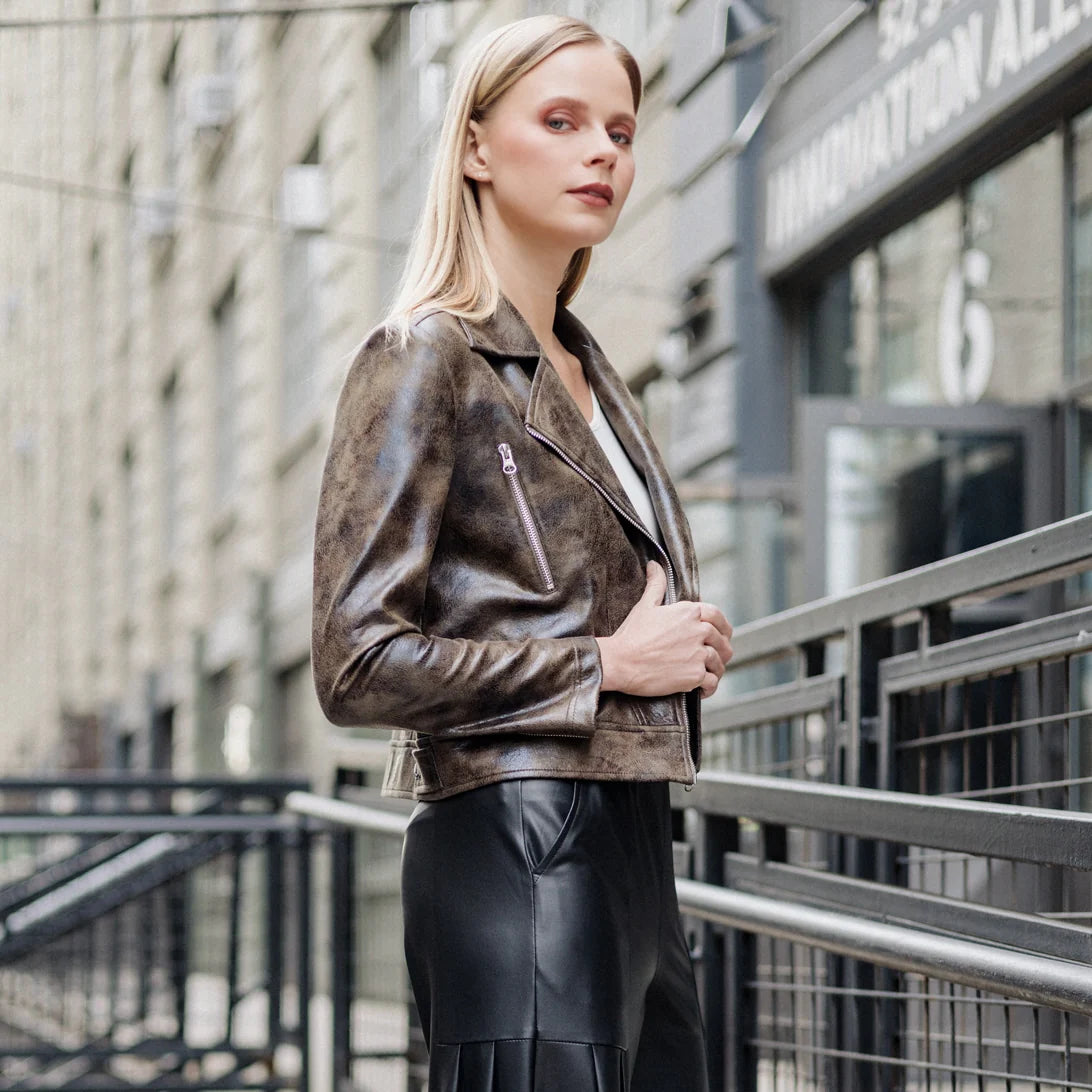 Distressed Brown Liquid Leather™ Zip Cuff Moto Waist Jacket