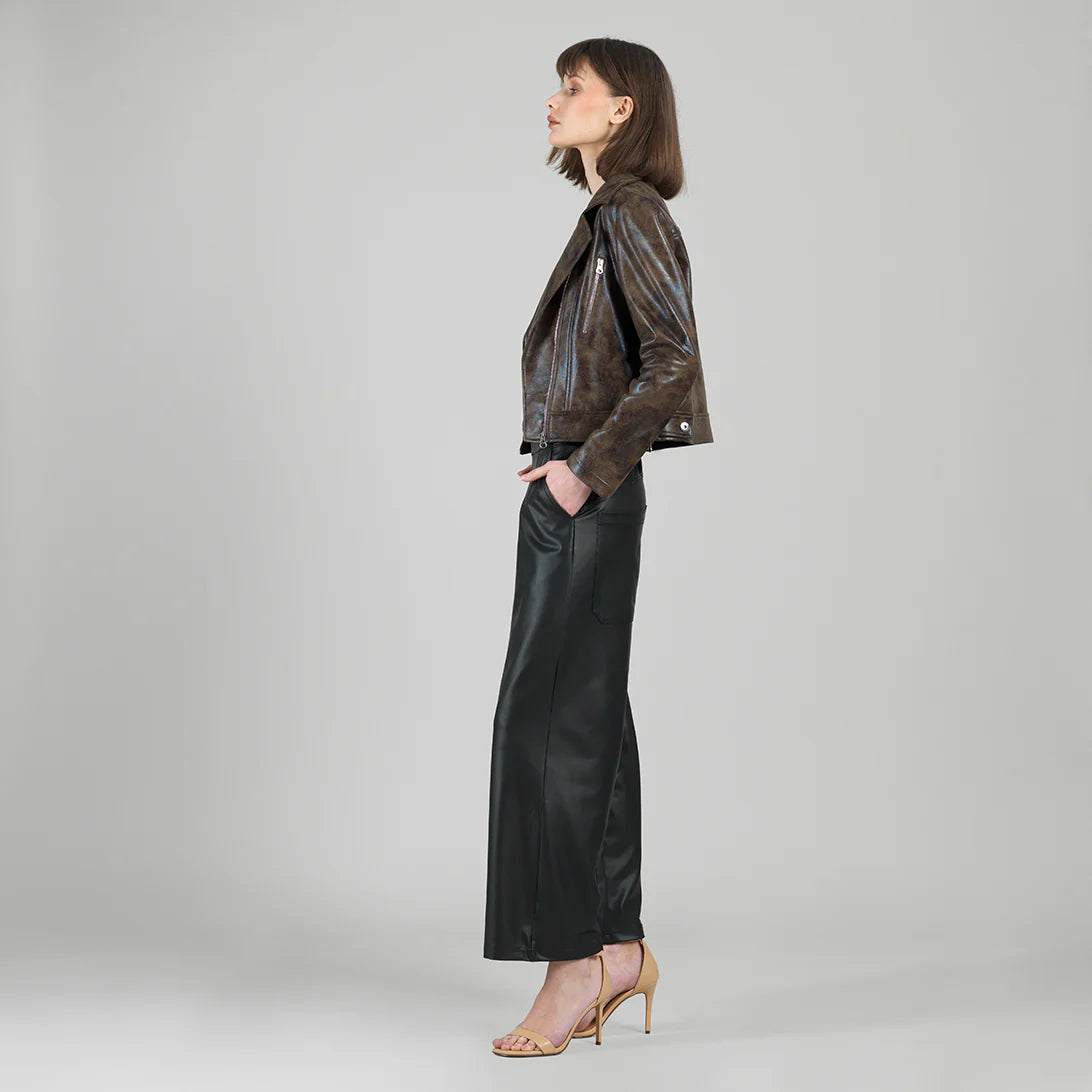 Distressed Brown Liquid Leather™ Zip Cuff Moto Waist Jacket