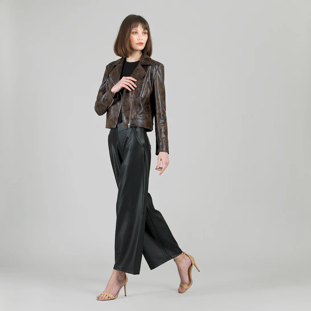 Distressed Brown Liquid Leather™ Zip Cuff Moto Waist Jacket