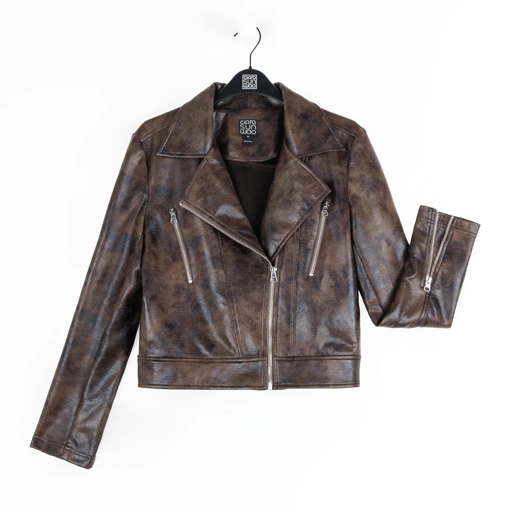 Distressed Brown Liquid Leather™ Zip Cuff Moto Waist Jacket