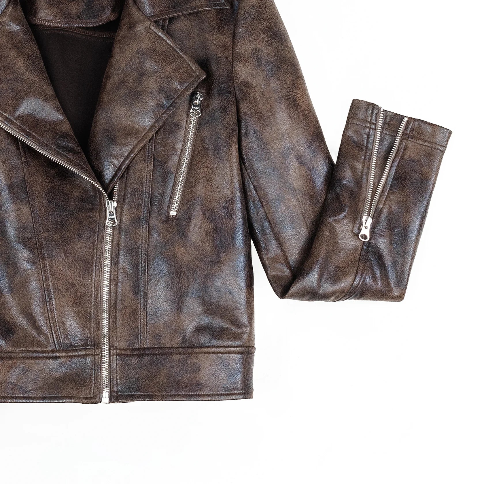 Distressed Brown Liquid Leather™ Zip Cuff Moto Waist Jacket