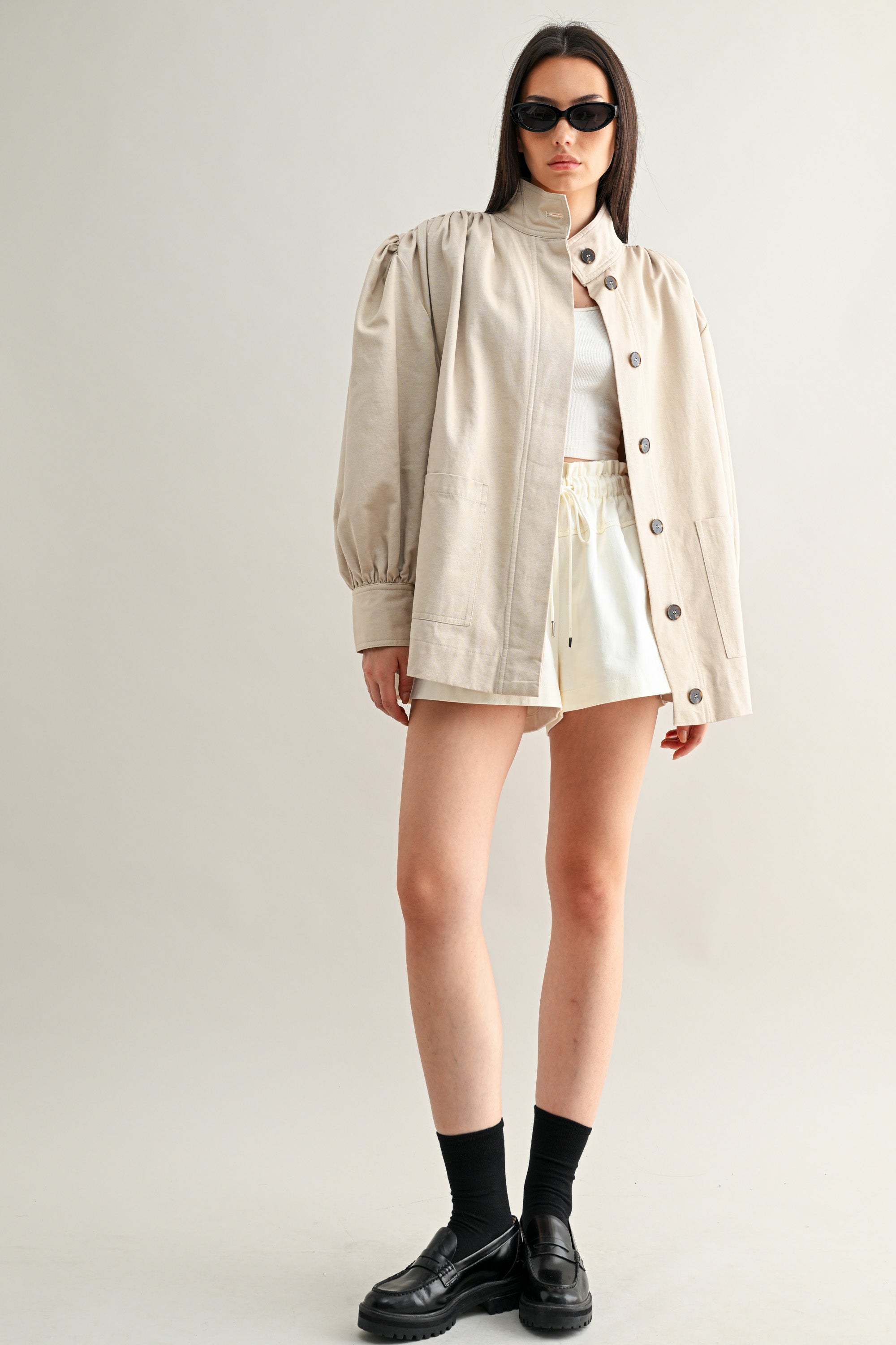 High Neck Gathered Sleeve Detail Jacket