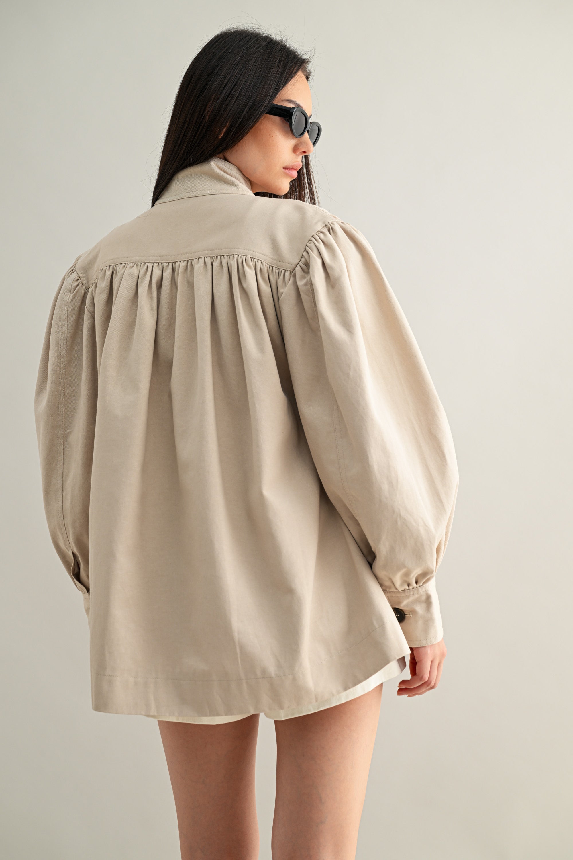 High Neck Gathered Sleeve Detail Jacket