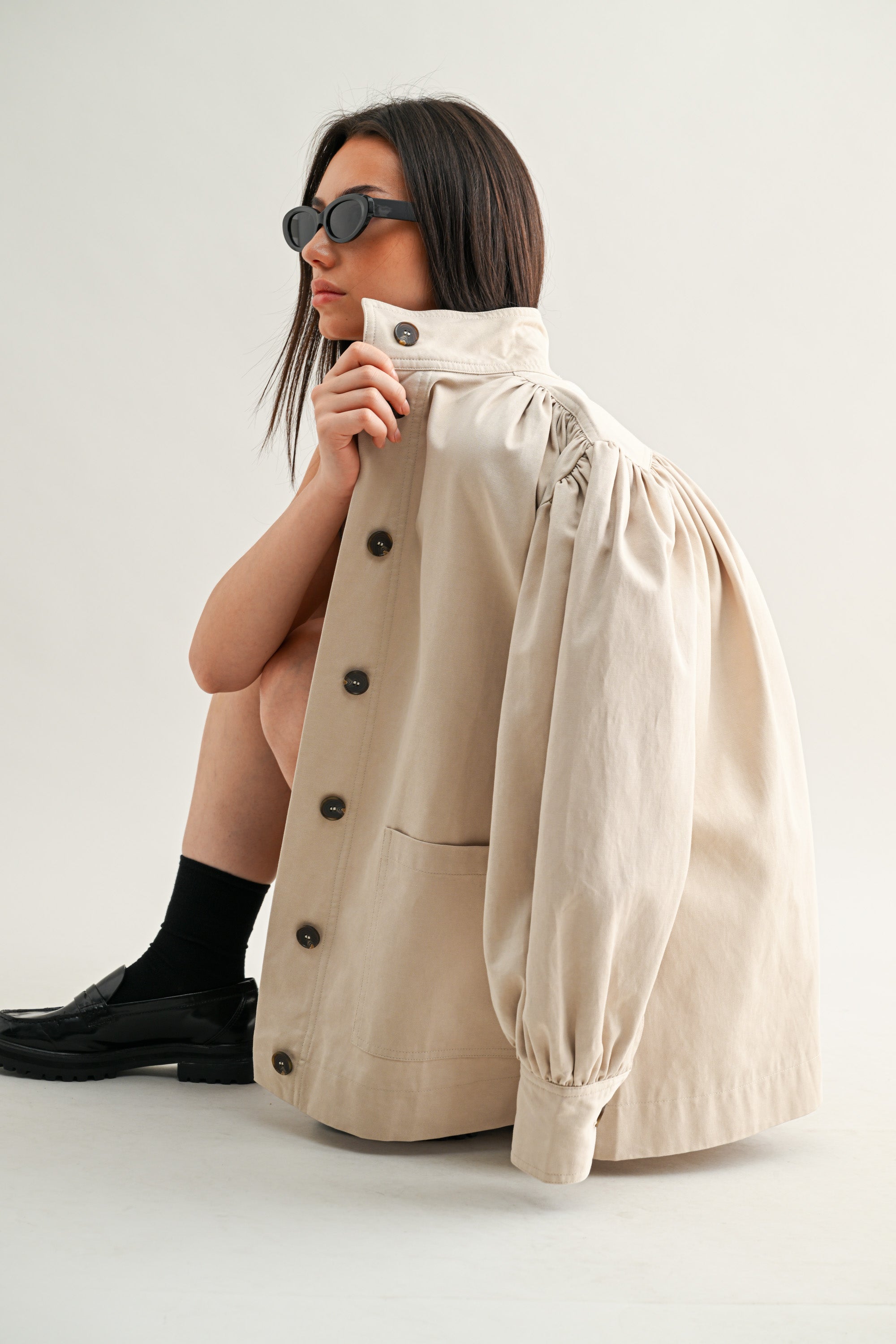 High Neck Gathered Sleeve Detail Jacket