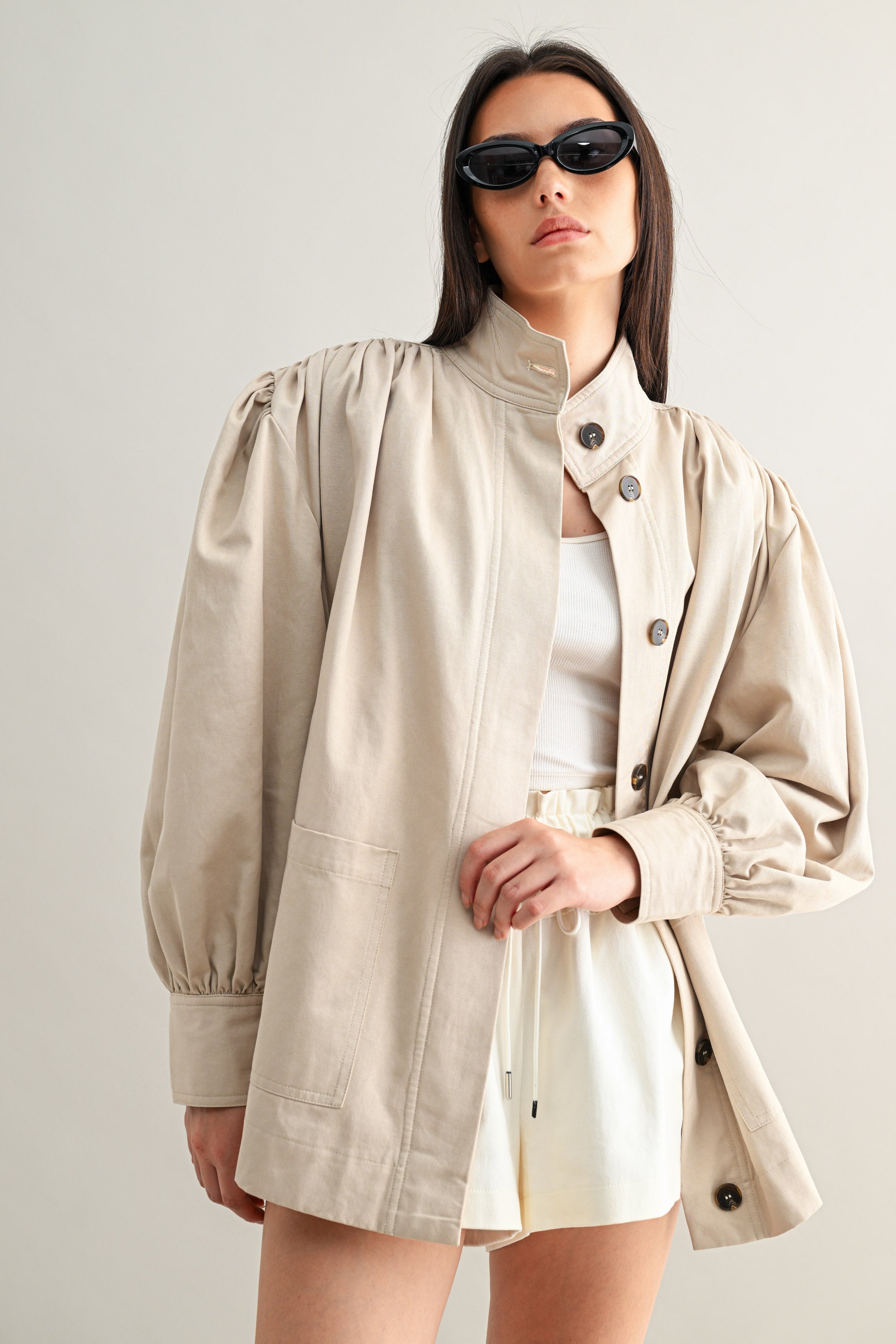 High Neck Gathered Sleeve Detail Jacket