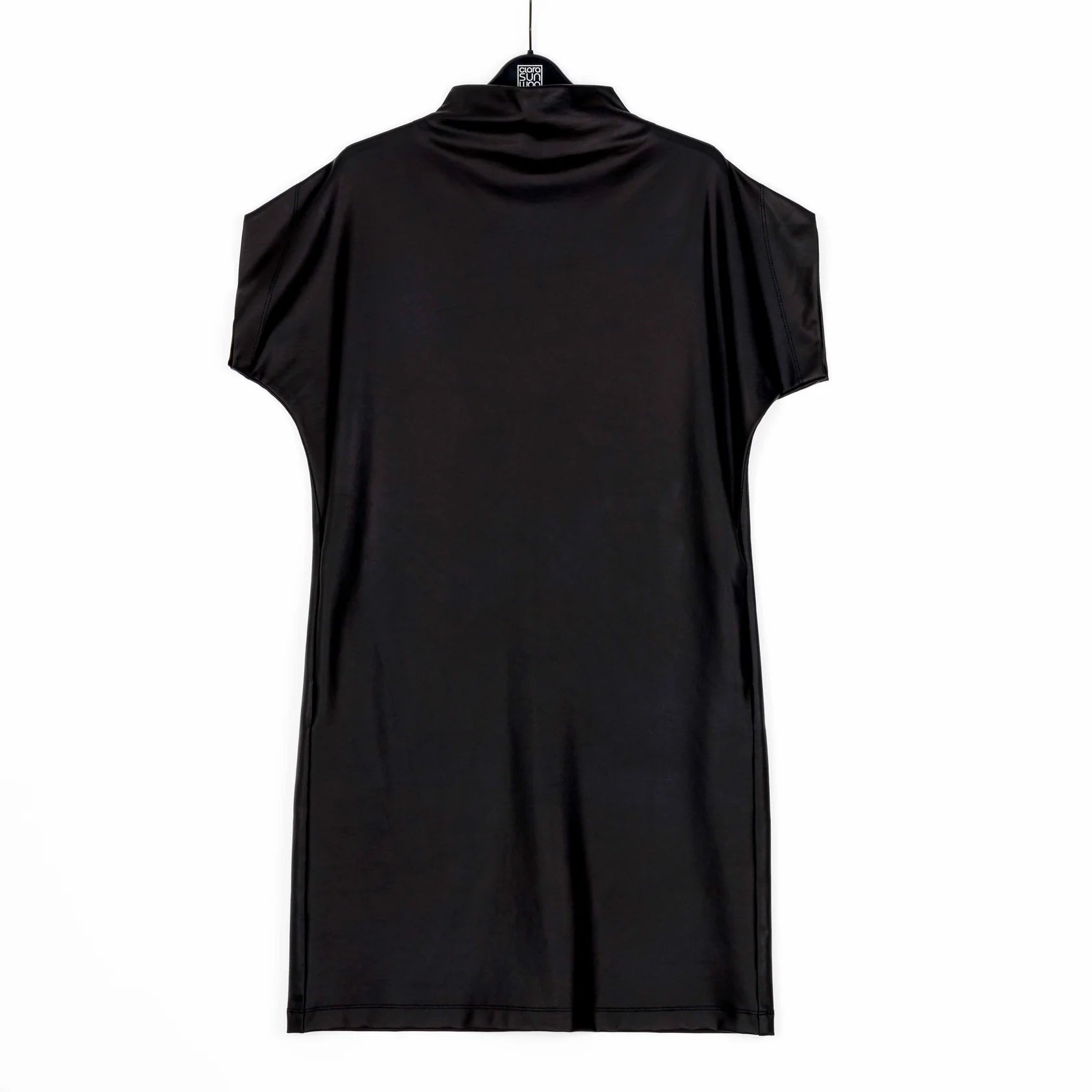 Black Liquid Leather Mock Neck Tunic Dress with Pockets