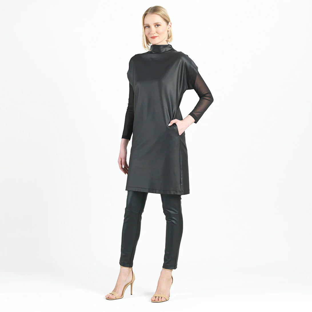 Black Liquid Leather Mock Neck Tunic Dress with Pockets